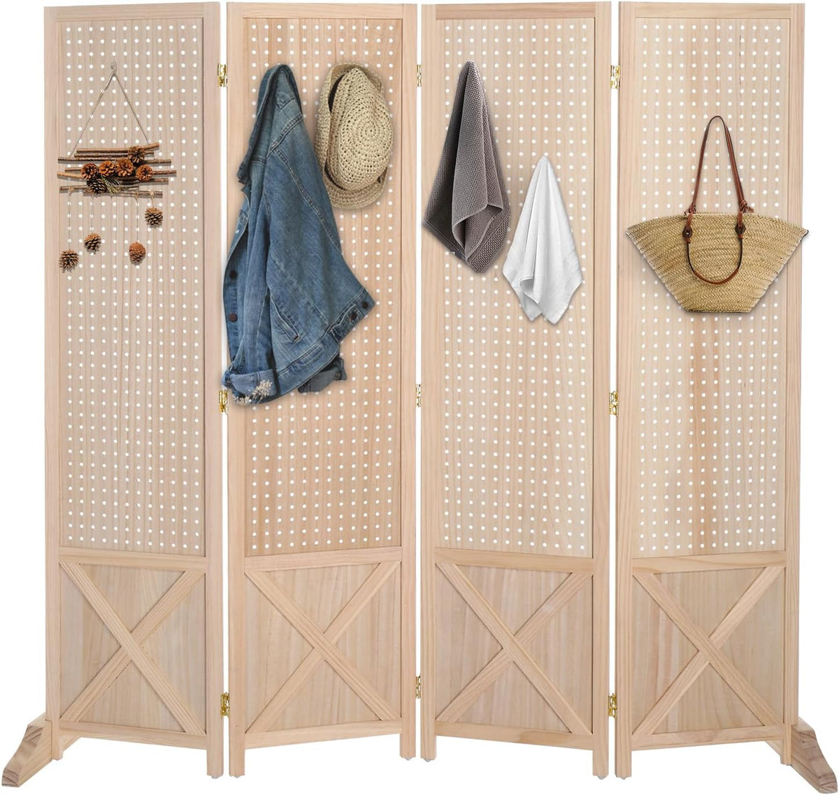 VINGLI Freestanding Pegboard with Support Feet, 5 FT Wood Room Divider Display Board Organizer, Folding Privacy Screen Partition Space Separator for Craft Shows Events Retail (Natural, 4 Panel)