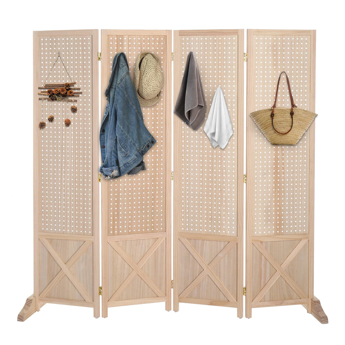 VINGLI Freestanding Pegboard with Support Feet, 5 FT Wood Room Divider Display Board Organizer, Folding Privacy Screen Partition Space Separator for Craft Shows Events Retail (White, 4 Panel)