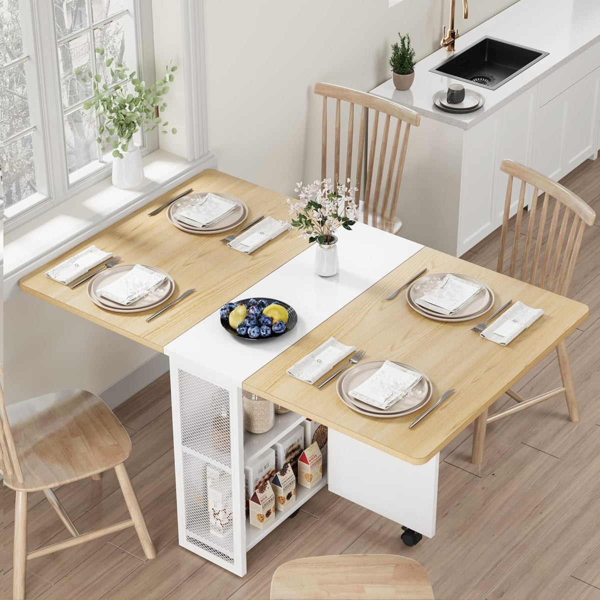 IDEALHOUSE FoldingTable, Drop Leaf Dining Table with 6 Wheels and 2-Layer Storage Shelf, Space Saving Table for Small Spaces (Dark Walnut, 50.1" D x 31.4" W x 29.5" H)
