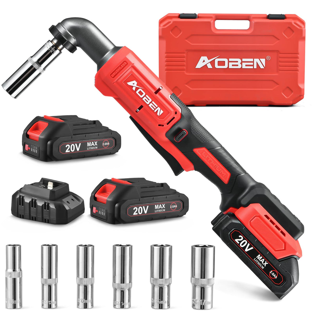 AOBEN Cordless Ratchet Wrench Kit,3/8" ratchet,40 Ft-lbs Electric Power Ratchet Set with Variable Speed Trigger,2 Packs 2000mAh Lithium-Ion Battery And Charger,83 Sockets