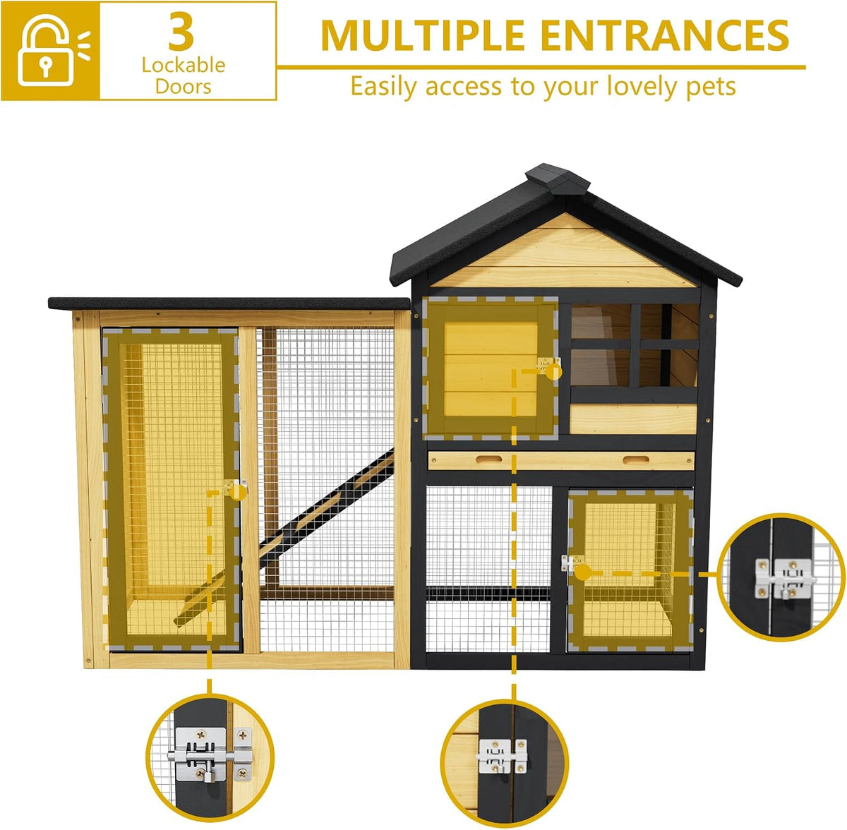 Outdoor Rabbit Hutch with Chew-Proof,2-Story Bunny Cage with Pull-Out Leak Proof Tray and Waterproof Roof,Indoor Rabbit Cage with Lockable Doors for Guinea Pigs,Small Pets