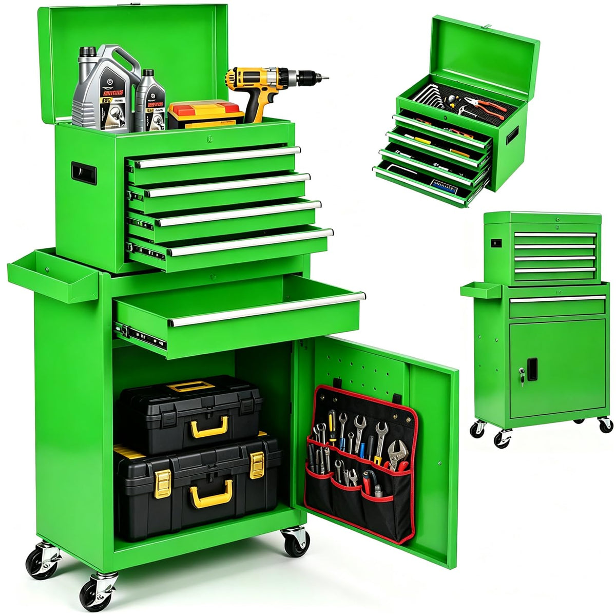 5-Drawer Rolling Tool Box with Lockable Wheels, Tool Chest with Detachable Tool Box, 4 Hooks, and Liner, Heavy-Duty Metal Tool Cart for Garage and Workshop Storage, Black