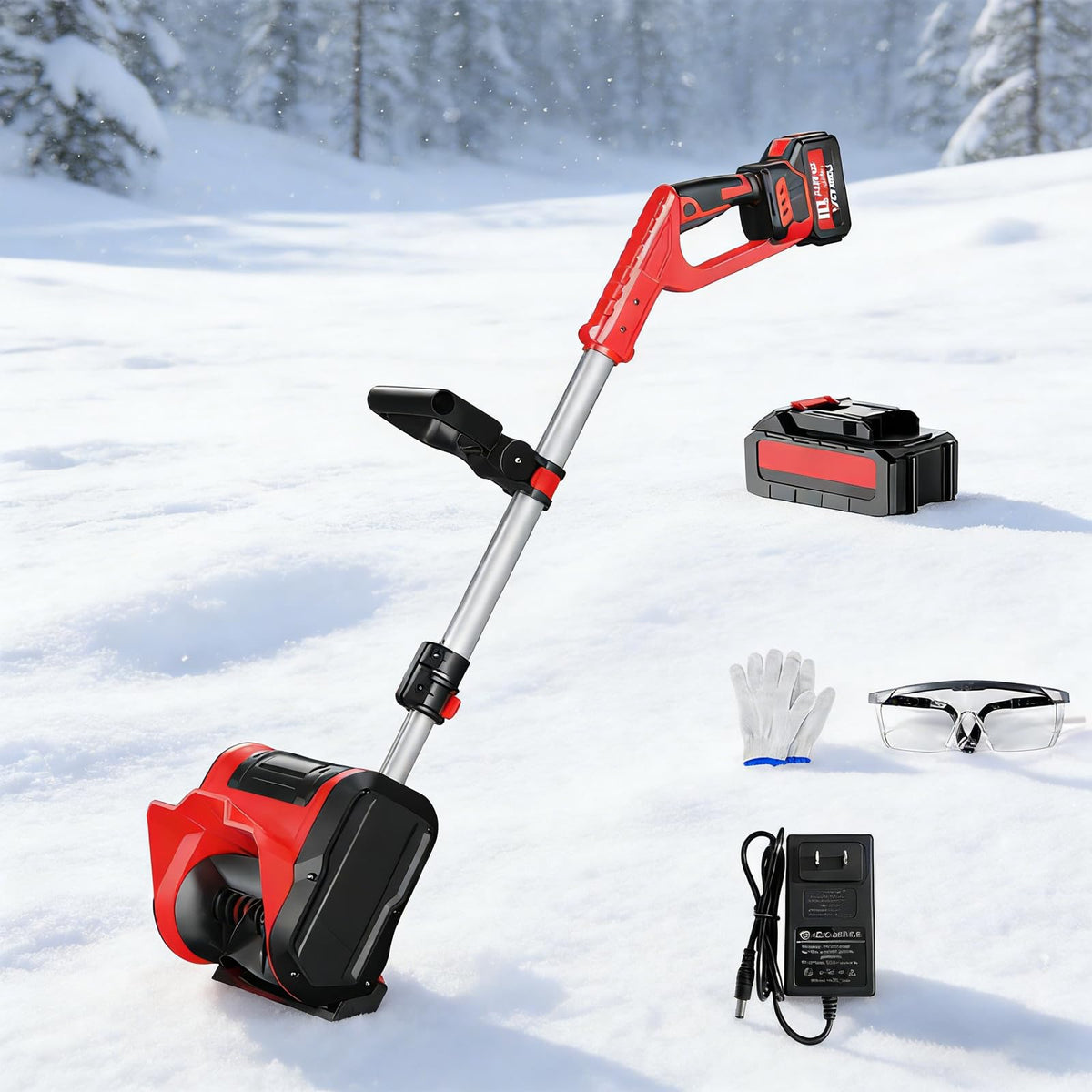 Cordless Snow Blower, Adjustable Handle for Easy Storage, Portable Brushless Electric Winter Snow Thrower - Cleaning Width 30cm/11.8in, for Deck,Steps,Patio,Driveway & Sidewalk red 1 Batteries