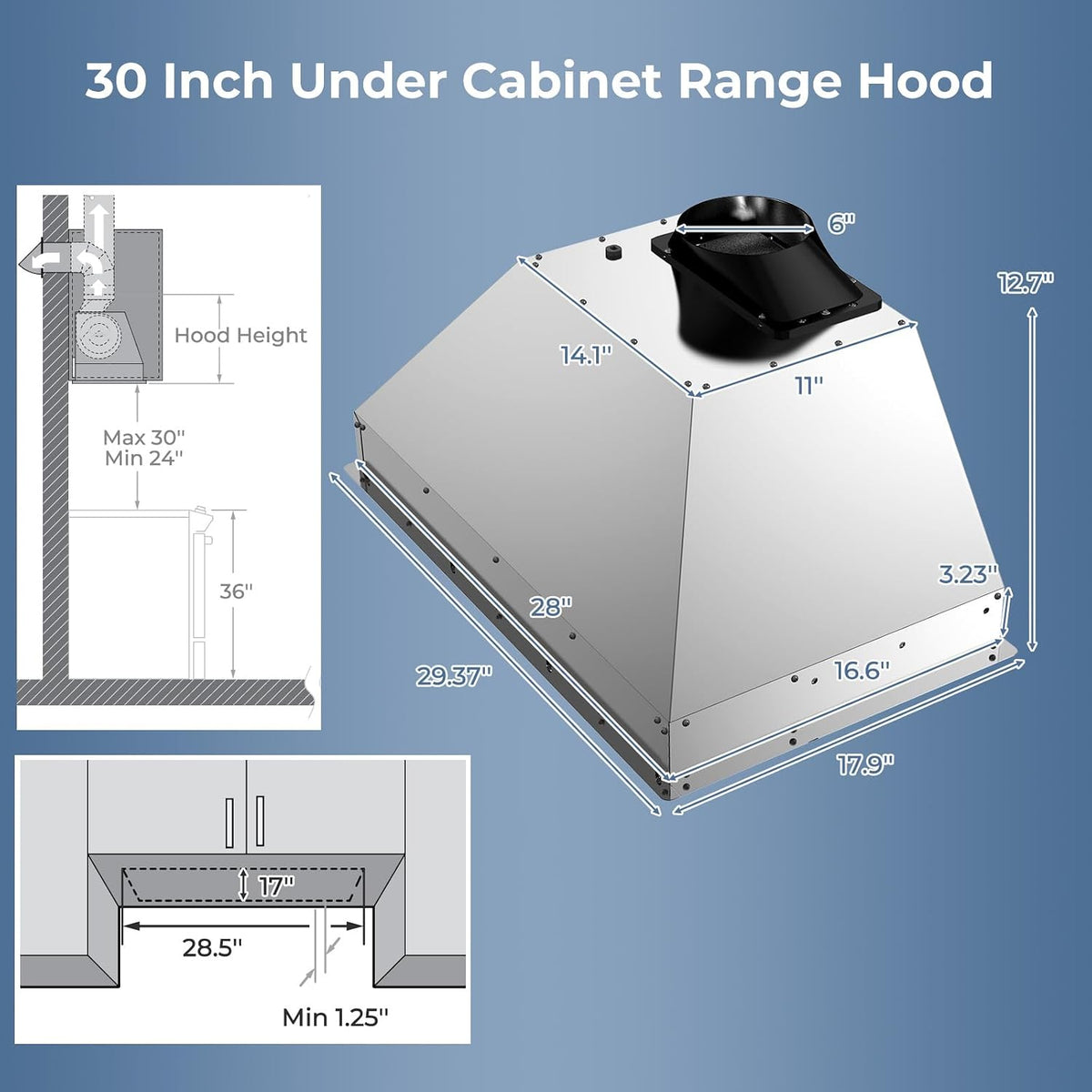 COSTWAY 30'' Range Hood Insert, 900 CFM Stainless Steel Built-in Vent Hood