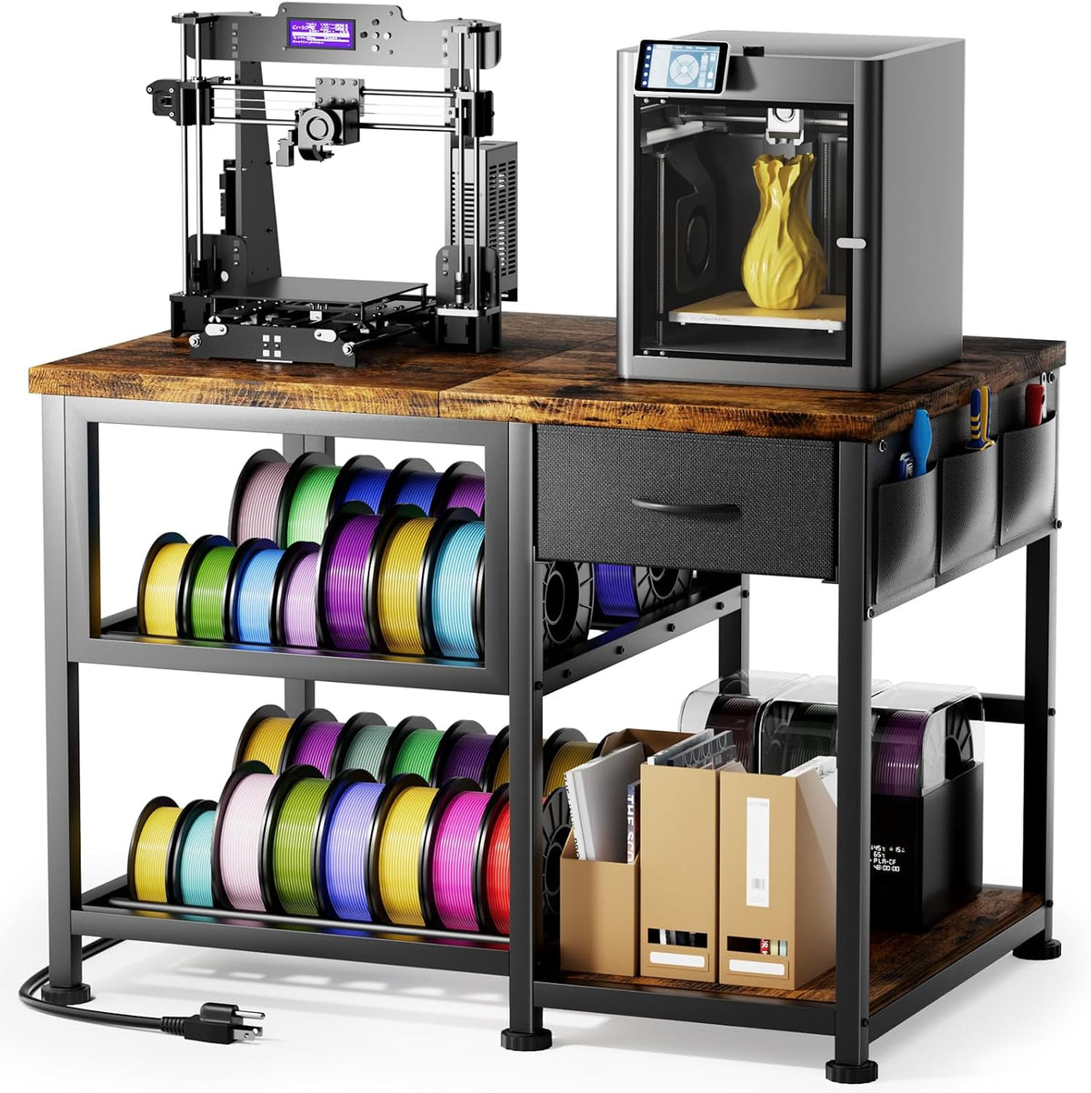 3D Printer Stand with Filament Storage Rack, Heavy Duty 3D Printer Table with Power Outlet, 3-Tier Filament Holder with Drawer, 3D Printer Filament Stand Organized for Office Workshop Studio