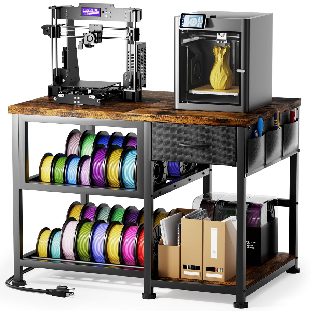 3D Printer Stand with Filament Storage Rack, Heavy Duty 3D Printer Table with Power Outlet, 4-Tier Filament Holder with Drawer, 3D Printer Filament Stand Organized for Office Workshop Studio