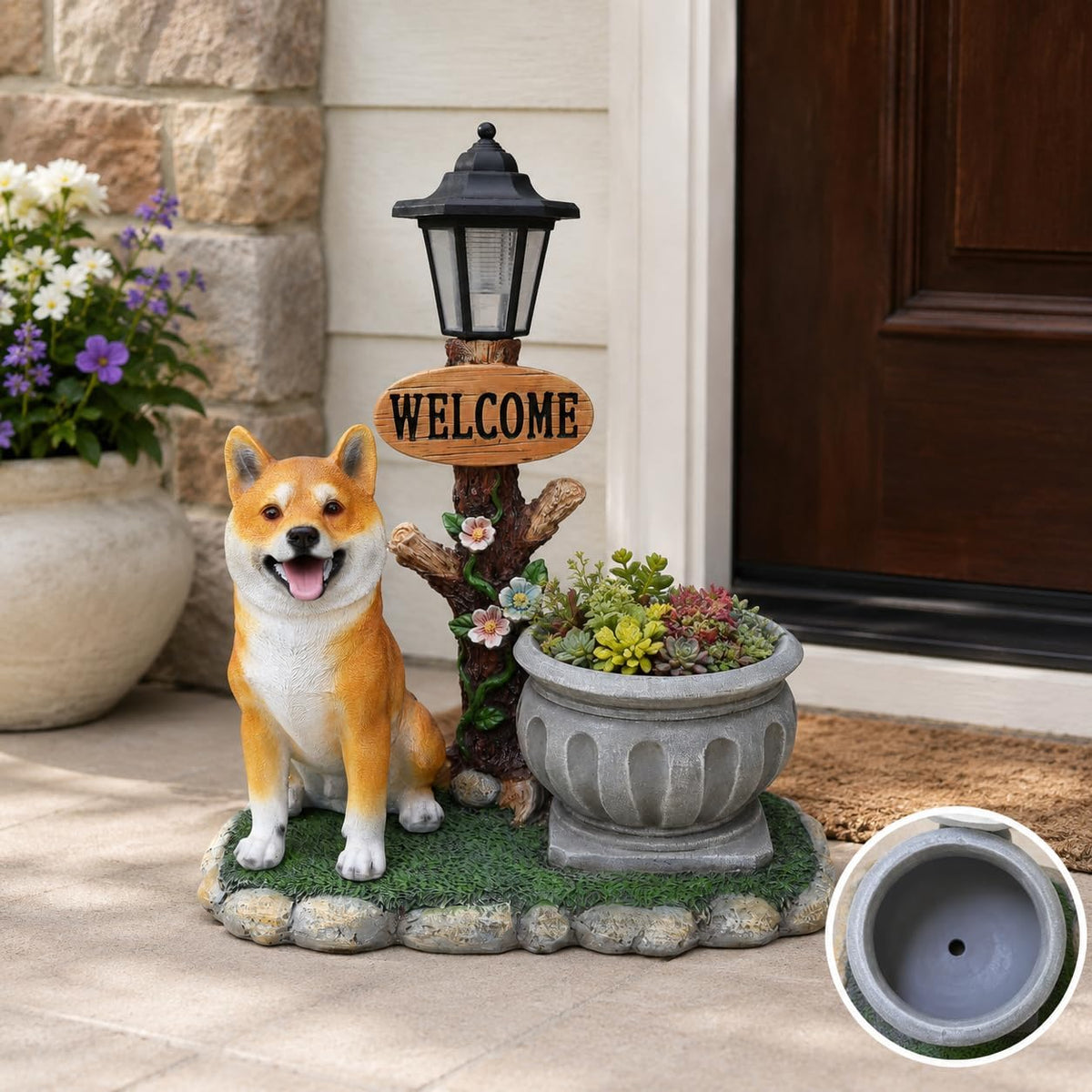 Solar Shiba Inu Statue with Welcome Sign & Lantern, Dog Garden Figurine Planter Pot, Realistic Outdoor LED Light for Porch, Yard Art & Lawn Decor, Unique Gift for Shiba Inu Lovers
