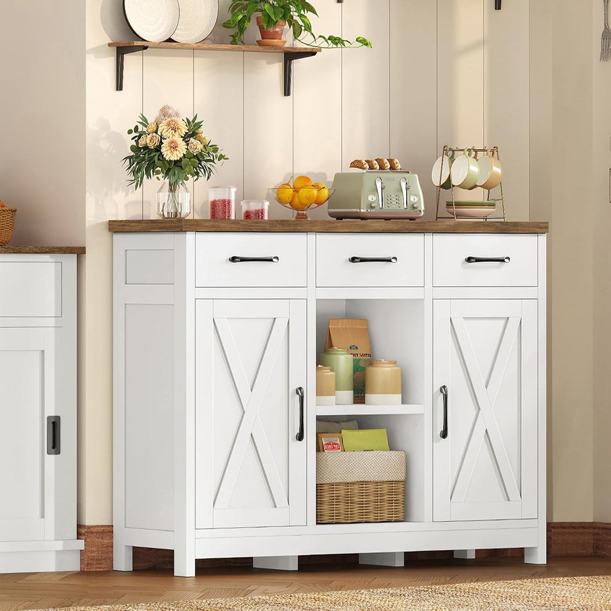 TEENFON Storage Cabinet, Coffee Bar Cabinet with 3 Drawers, 2 Adjustable Shelves & 2 Doors, Buffet Cabinet, Kitchen Cabinet for Kitchen, Dining Room, Living Room, White