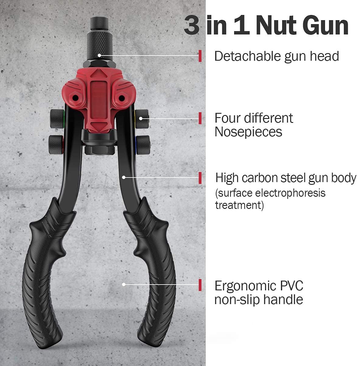 Rivet Nut Tool,3 in 1 Rivet Setter Kit,Rivet Nut Pliers Set with 6 Metric and SAE Mandrels,Including 60PCS Rivet Nuts, 50Pcs Rivets, Quick Change Head, 2 Reaming Mandrels