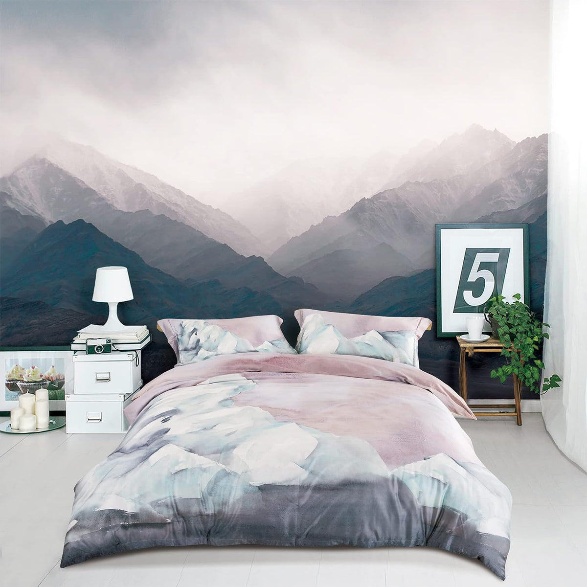 MILDLY White Floral Green Leaves Luxury Duvet Cover Set 3pcs King