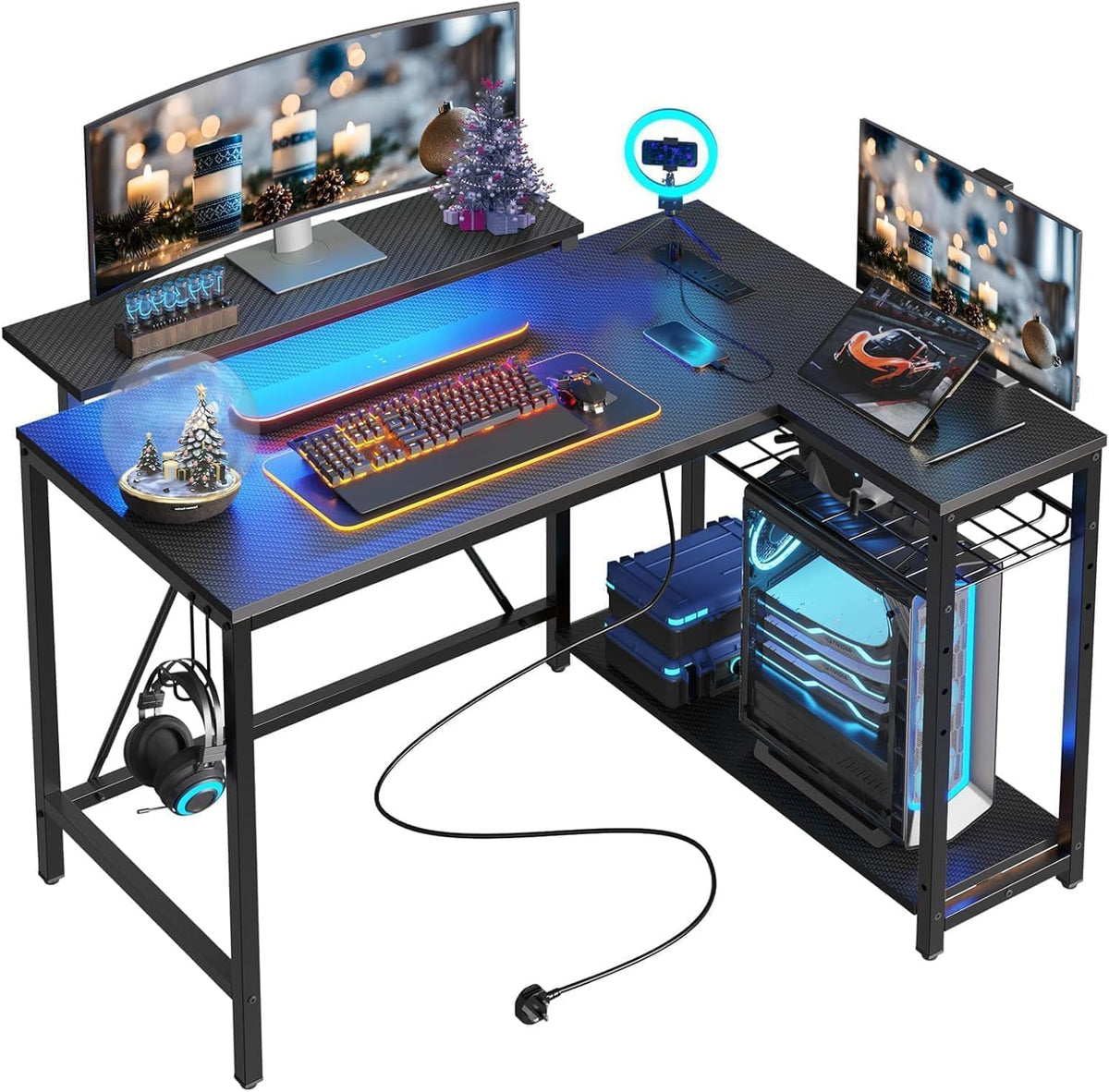 Bestier 42-Inch Pink L-Shaped Gaming Desk with Charging & LED