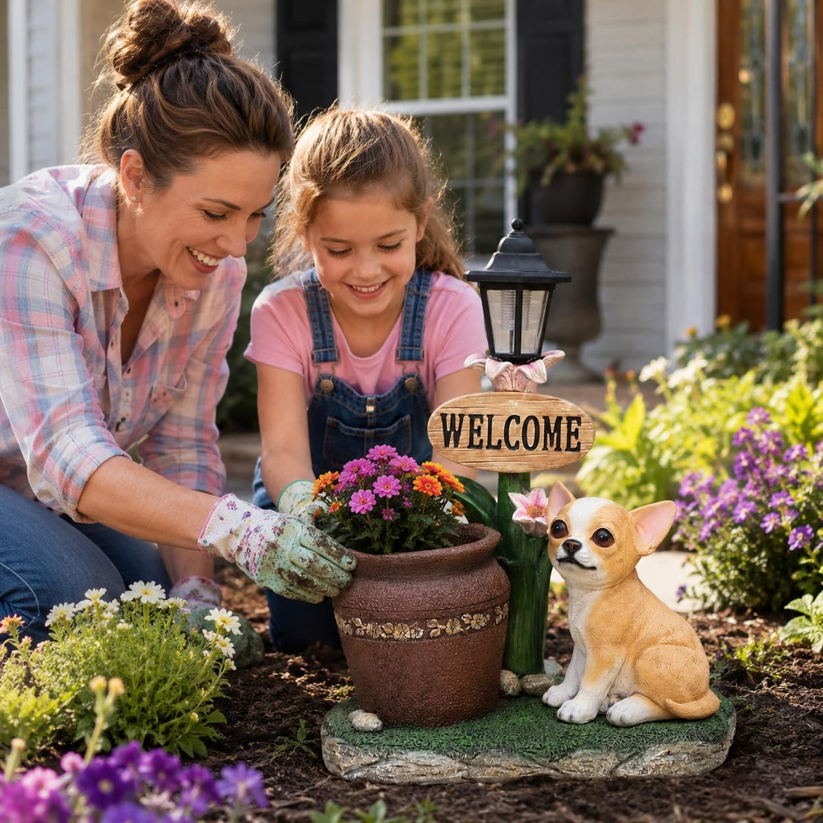 Solar Ginger Cat Statue with Welcome Sign & Lantern, Kitten Garden Figurine Planter Pot, Realistic Outdoor LED Light for Porch, Yard Art & Lawn Decor, Unique Gift for Cat Lovers