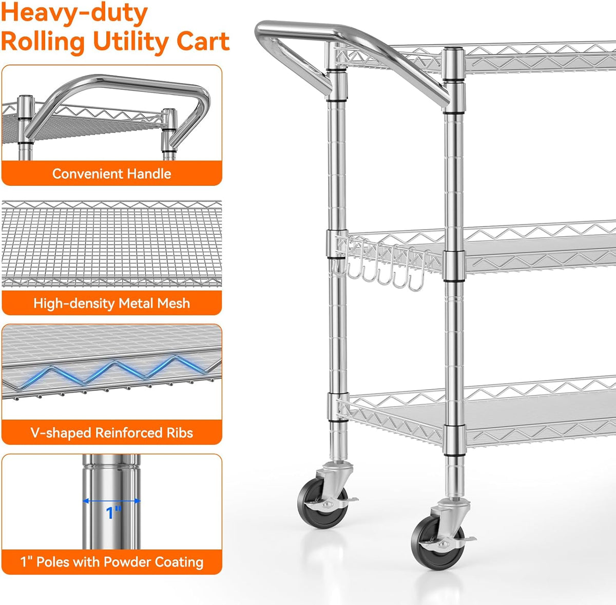 NTE 3 Tier Heavy Duty Rolling Utility Cart on Wheels, 990Lbs Capacity Rolling Wire Cart, Kitchen Carts on Wheels, NSF Commercial Metal Serving Cart with Handle and Shelf Liners for Kitchen, Restaurant