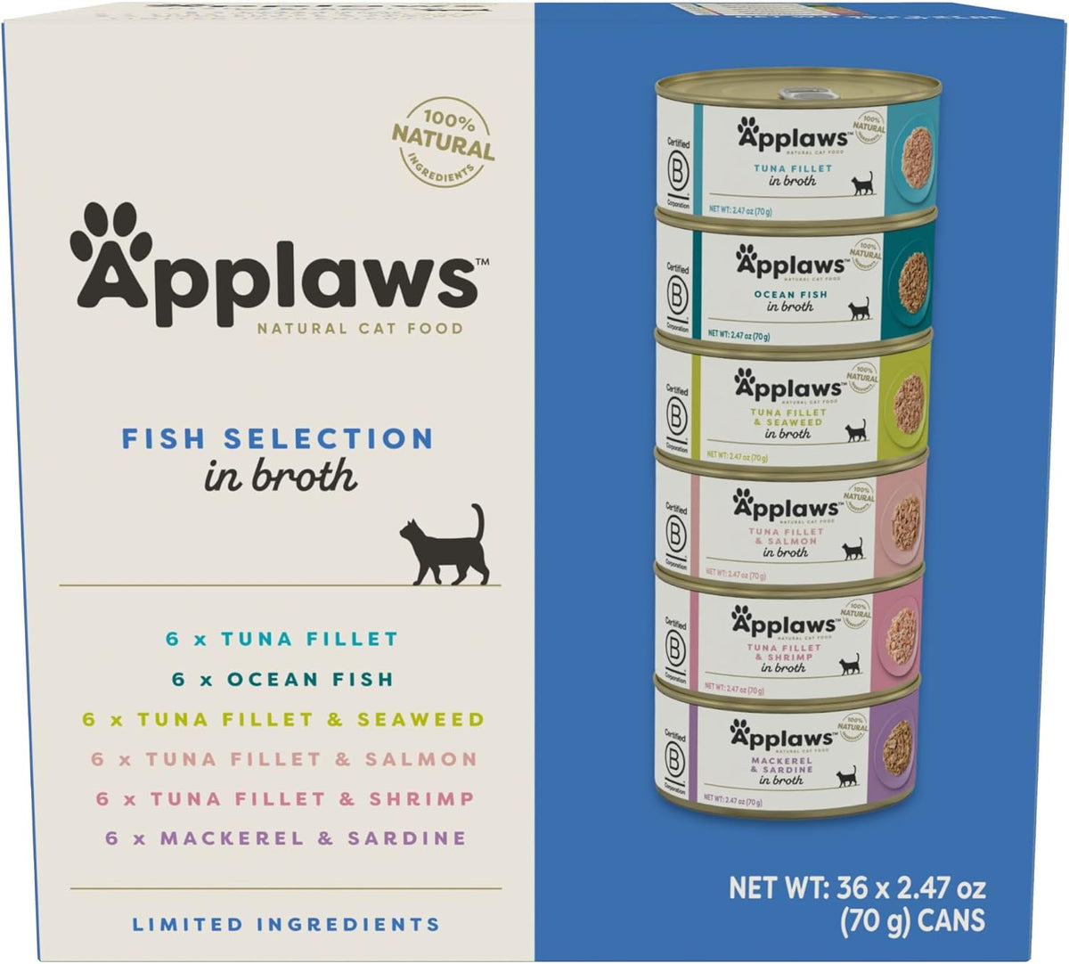 Applaws Fish Variety in Broth Wet Cat Food, 6-Flavor 36-Pack 2.47 oz Cans