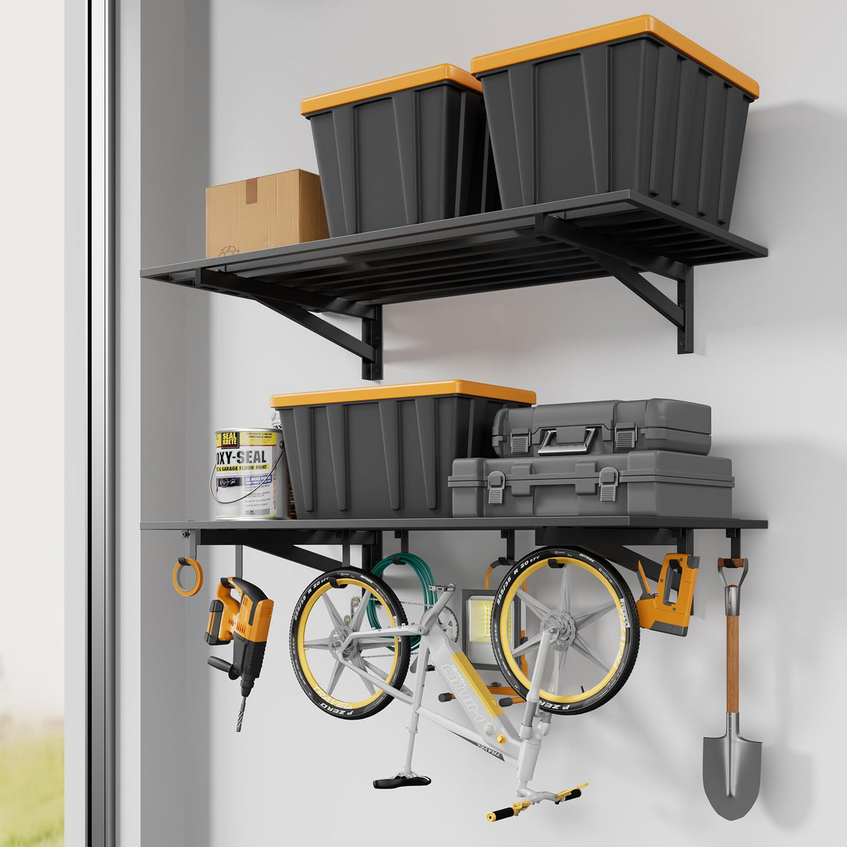 Jusgym 4 Pack Garage Shelving Wall Mounted with 16 Hooks, 1.5x4ft, 1000lbs
