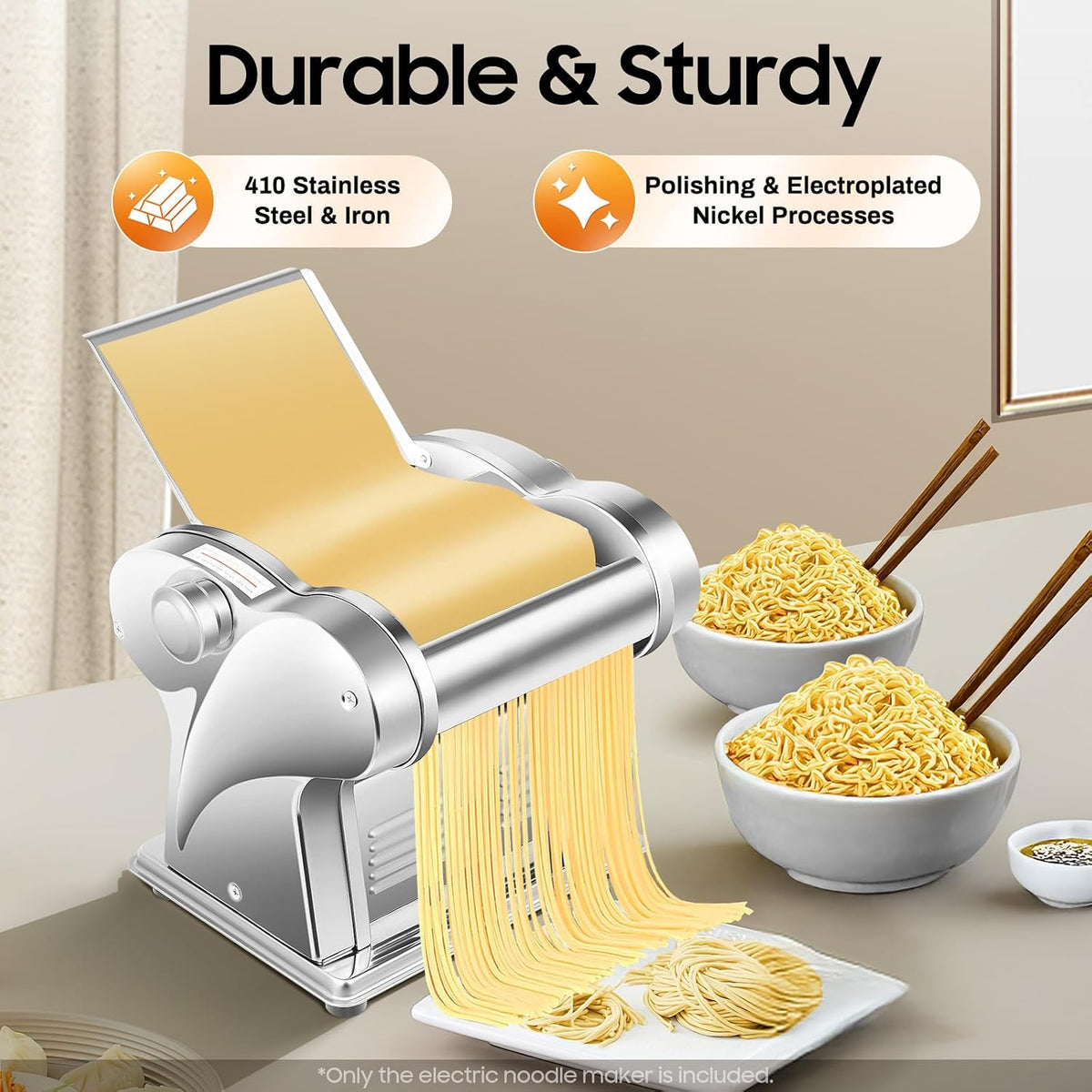 Automatic Electric Pasta Maker Machine, Commercial Stainless Steel Spaghetti Roller Noodle Pressing Machine for Spaghetti, Fettuccini, Lasagna, Dumpling Skins