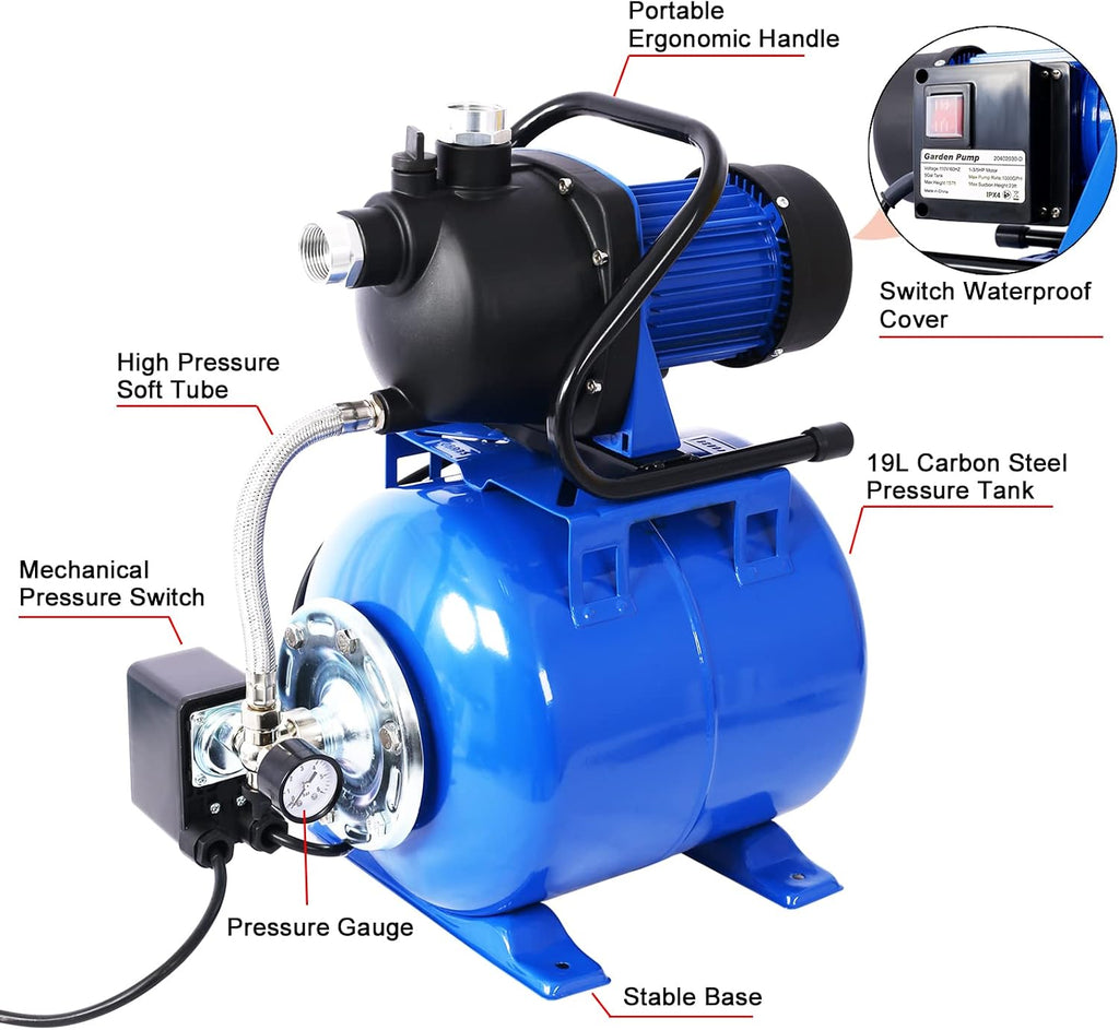 1.6HP Shallow Well Pump with Pressure Tank,garden water pump, Automatic Water Booster for Home Garden Lawn Farm (Blue)
