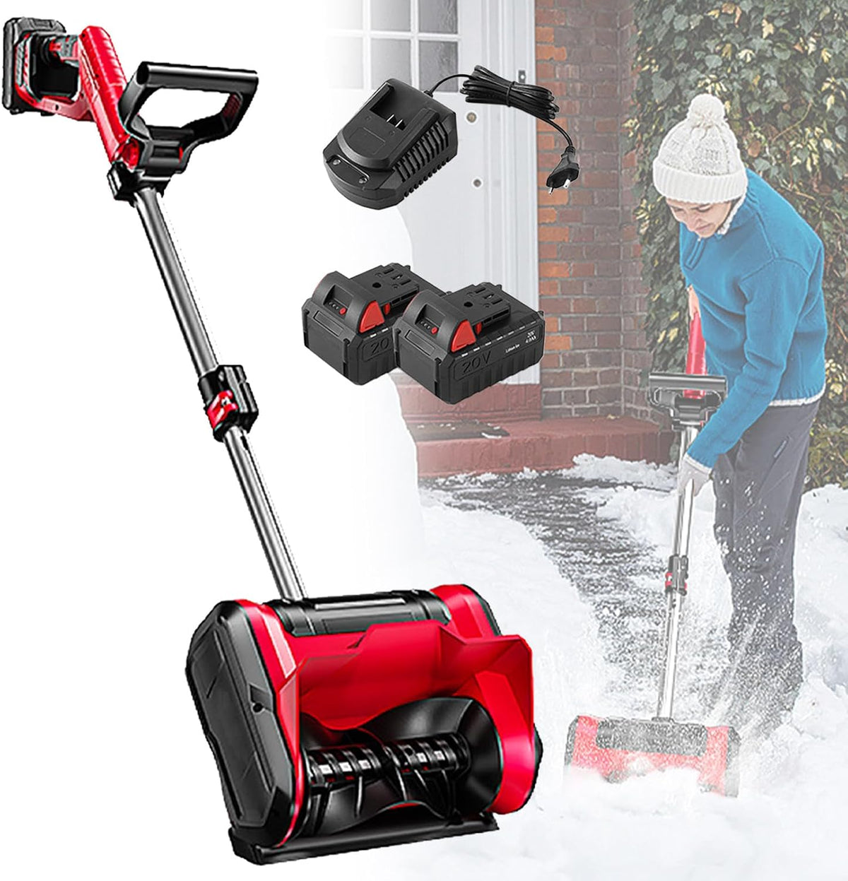 Cordless Snow Shovel, Electric Snow Blower for Driveway with Adjustable Handle & Telescopic Pole, 12.6in. Width, 6.3in. Depth, 26 FT Throw Distance (Battery and Charger Included)