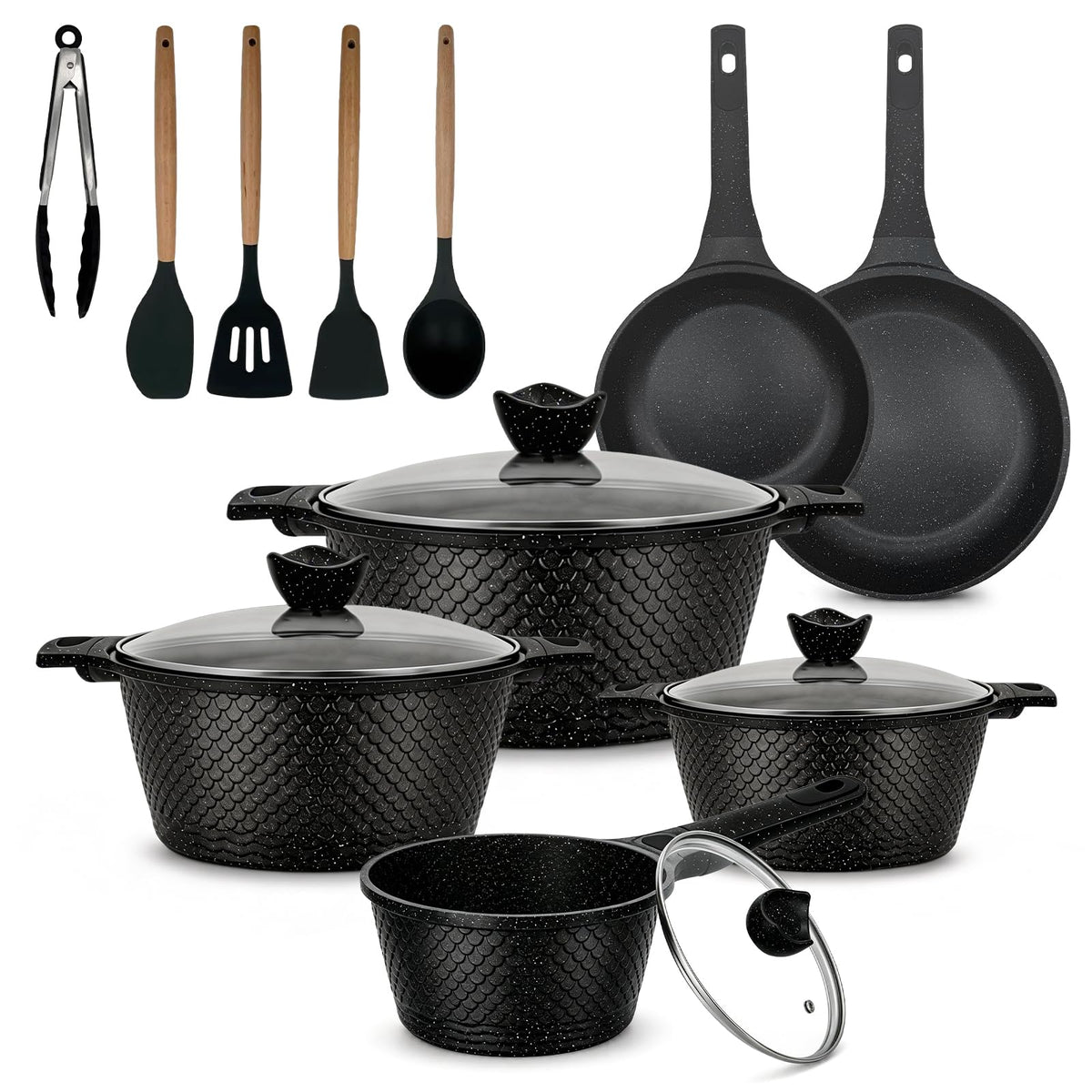 18Pcs Nonstick Cookware Set With Handles, Black Sauce Pots Pans Set,Includes Steamer Silicone Kitchenware, Pan Protectors,Frying Egg Pans，For Induction Cooktops，Easy Clean（Black Sleek Style）