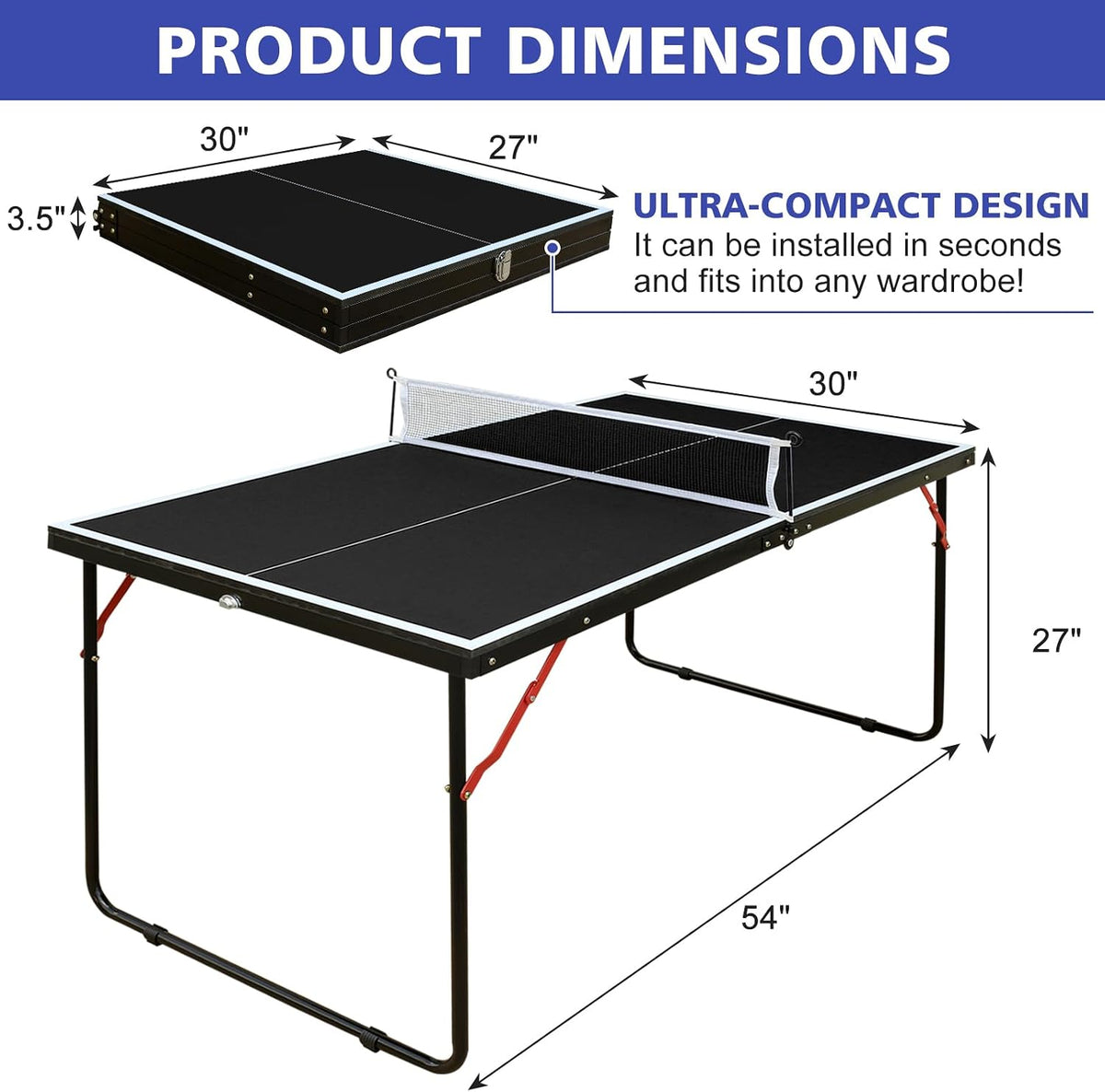 4.5/6ft/9ft Mid-Size Portable Ping Pong Tables Set, Foldable Table Tennis Table with Net,2 Paddles & 3 Balls, Multi-Use Free Standing Ping Pong Table for Indoor/Outdoor