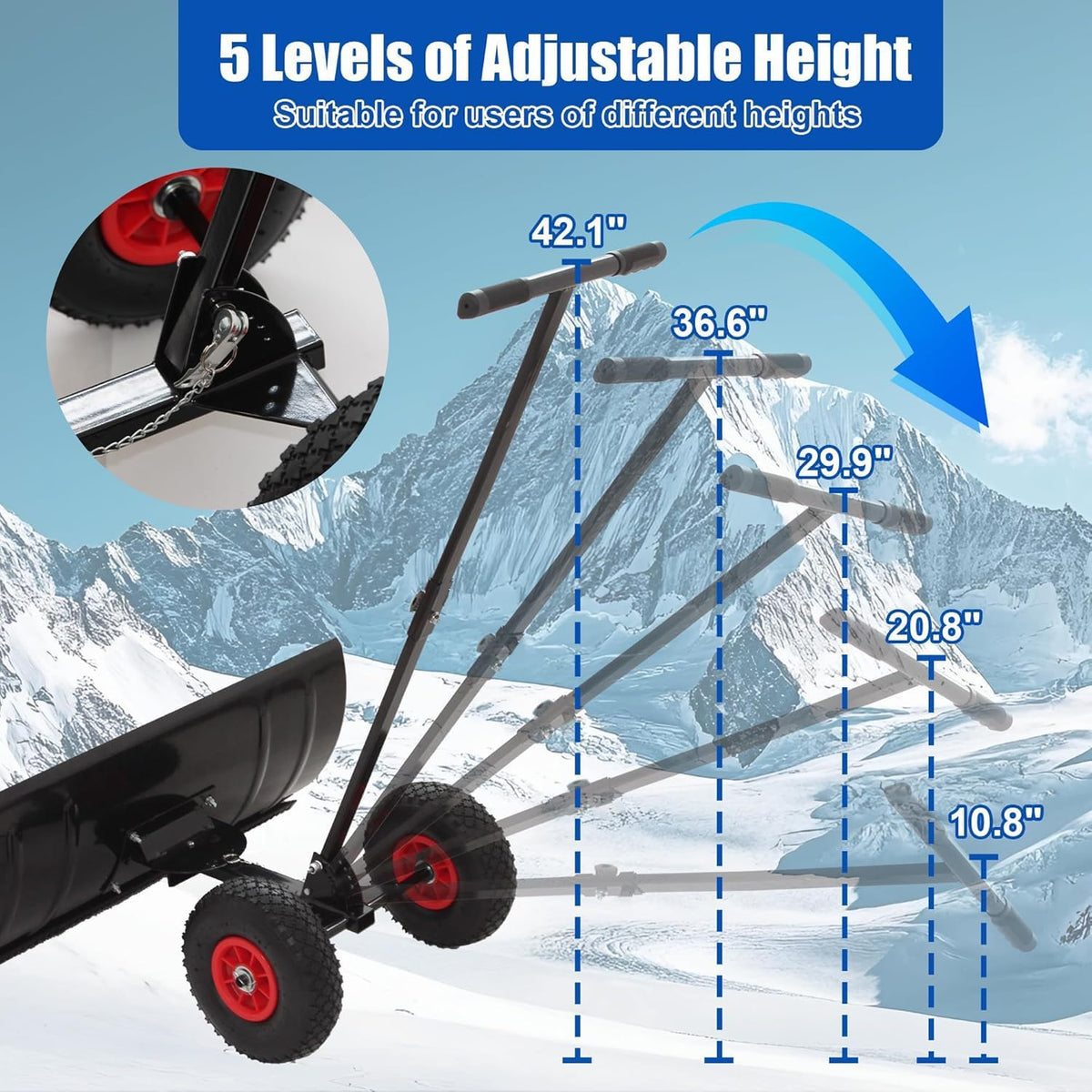 Snow Shovel with Wheels, Heavy Duty Metal Snow Pusher for Driveways, Push Snow Shovel with 5 Level Adjustable Angle & Height Handle for Snow Removal (Single Rod)