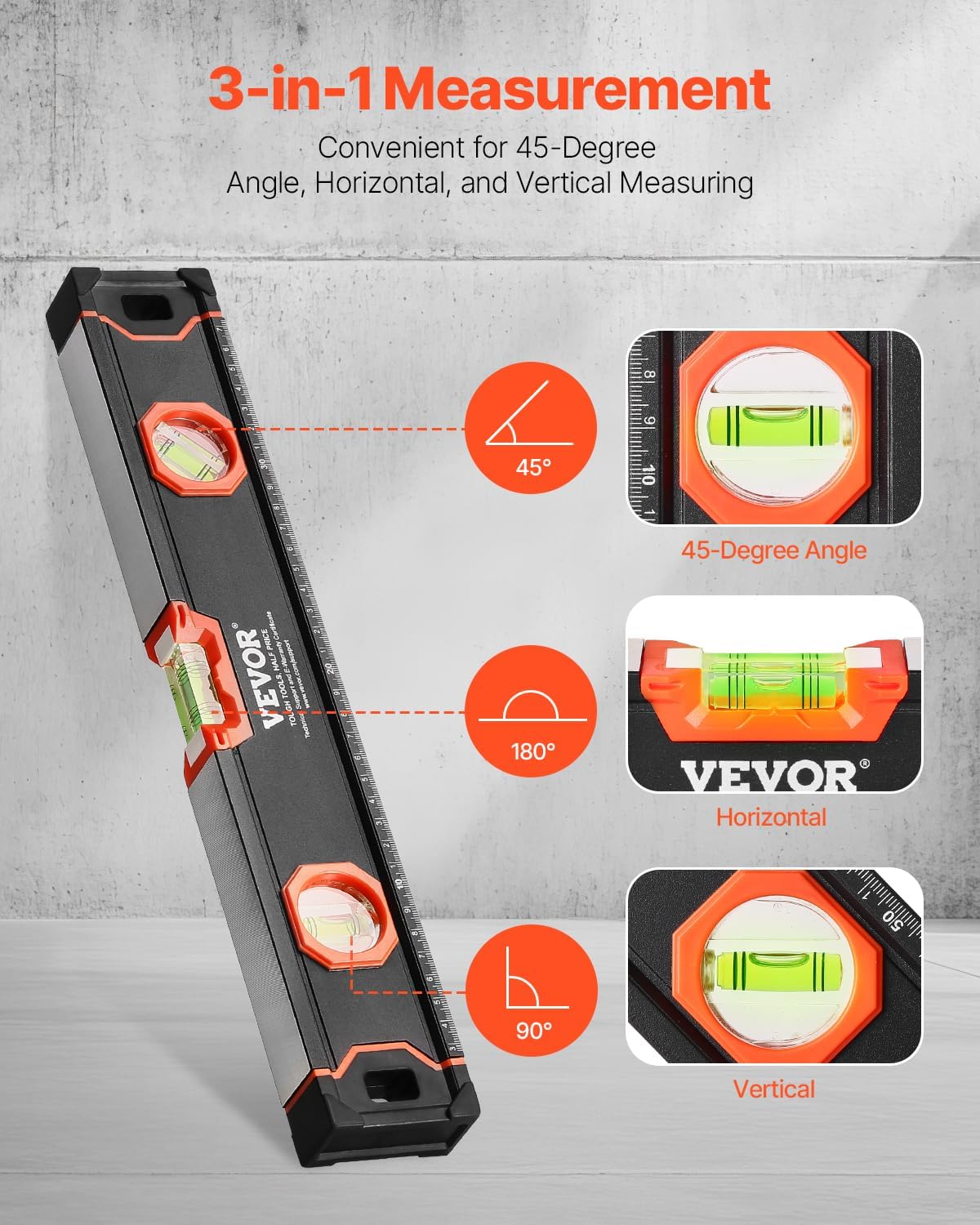 VEVOR 6-Piece Torpedo Level, 78/48/32/24/16/10 Inch All Magnetic Levels Set, Bubble Vials Ruler for 45/90/180 Degree, Aluminum Alloy Magnetic Box Leveler Tool, Shock-Resistance, SAE and Metric Scale