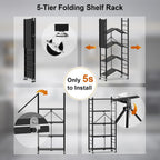 Himix 5-Tier Foldable Storage Shelves with 20 Hooks Wheels Kitchen Black