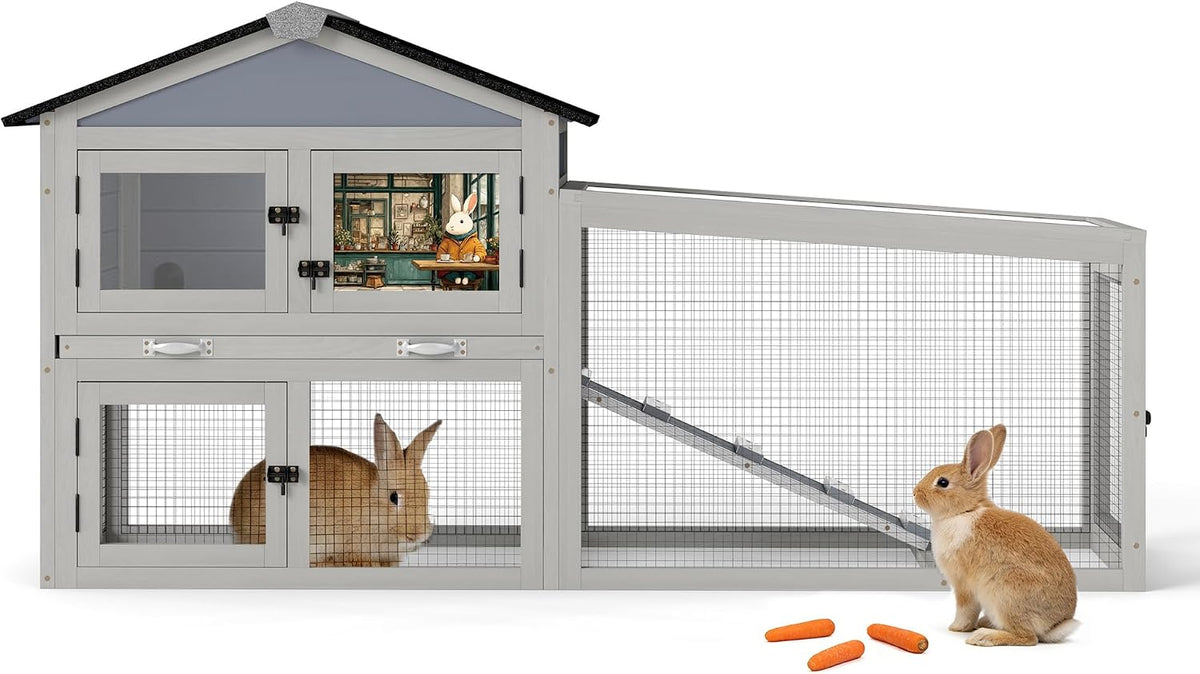COZIWOW Grey 58.5in Outdoor Wooden Rabbit Hutch, Bunny Cage