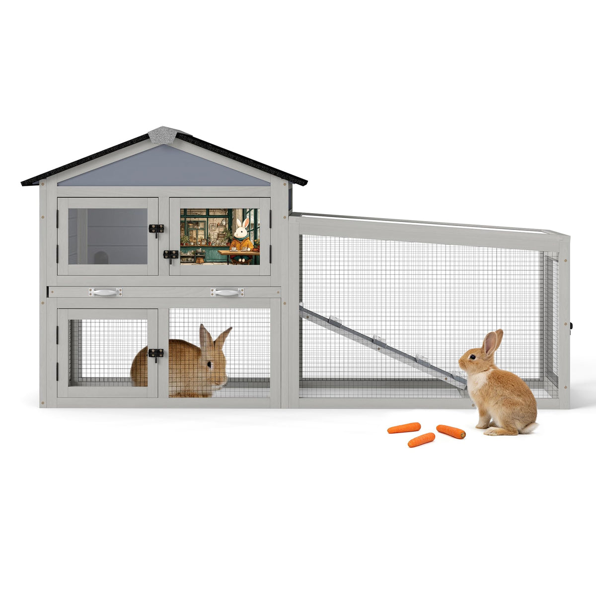 COZIWOW 92in Rabbit Hutch, 2-Tier Bunny Cage with Asphalt Roof & 3 Run Boxe