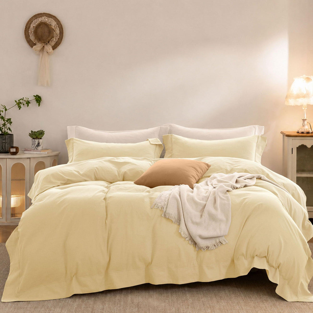 Duvet Cover Set Washed Cotton Embroidered Hem King 3‑Pcs