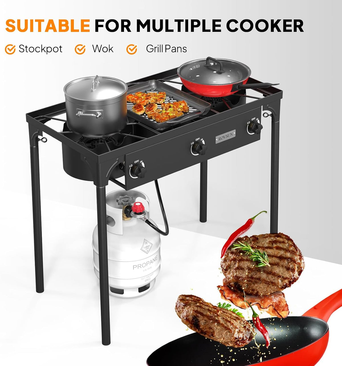 ROVSUN 3 Burner Outdoor Propane Gas Stove, 225,000 BTU with CSA Regulator