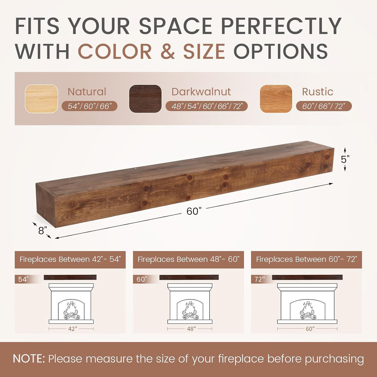G GOOD GAIN 60'' Fireplace Mantel, 5'' Pine Wood Floating Shelf, DarkWalnut