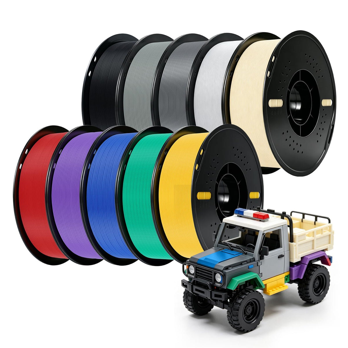 Kingroon PETG 3D Printer Filament, 10 Rolls, Dimensional Accuracy +/- 0.03 mm, 1kg Spool(2.2lbs), 1.75 mm，10KG Ten Colors Black White Grey Red Blue Green Yellow Orange Transparent Silver