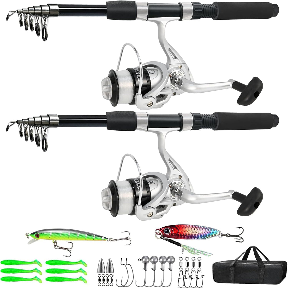 Fishing Pole Combo, 6.9ft 2Pcs Telescopic Rods Set, Collapsible Carbon Fiber Fishing Rods, 2PCS Spinning Reel Set with Carrier Bag Freshwater Fishing Rod and Reel Combos Kits