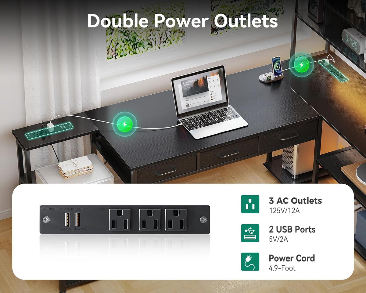AODK 79 inch L Shaped Desk with 5 Drawers, LED Light & 2 Power Outlets
