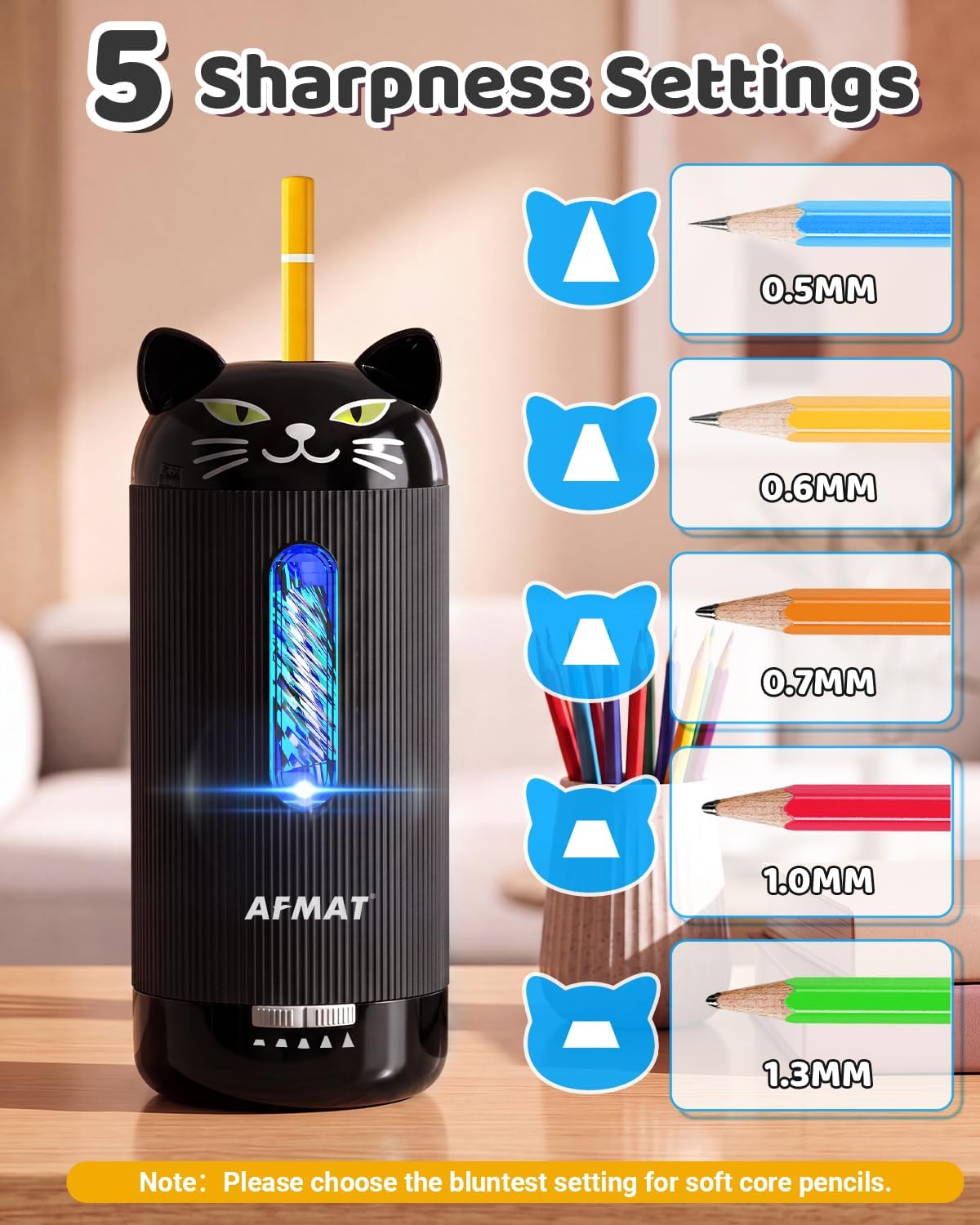 AFMAT PSJ2 Electric Pencil Sharpener, Auto in & Out, 5 Nibs, 7K+ Uses, Fully Automatic Classroom Pencil Sharpener, Rechargeable Hands-Free Sharpeners for Jumbo/Colored Pencils (φ6.5-12mm) PSJ2