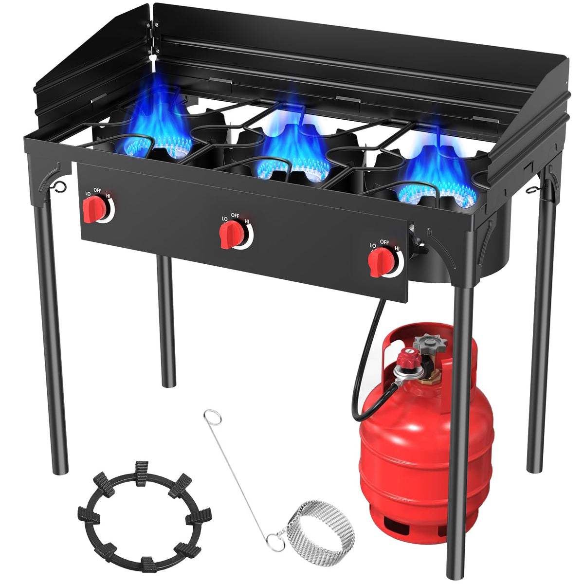 Bestfire 150,000 BTU 2 Burner Propane Camping Stove with Auto Ignition, Windpanel, Portable Outdoor Gas Cooker with Removable Legs, Side Shelves for Camping, BBQ