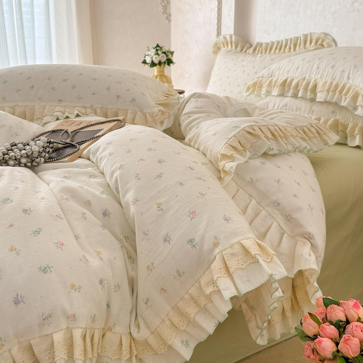 Floral Duvet Cover Set Muslin Cotton Queen(90"x90"),Pink Flower