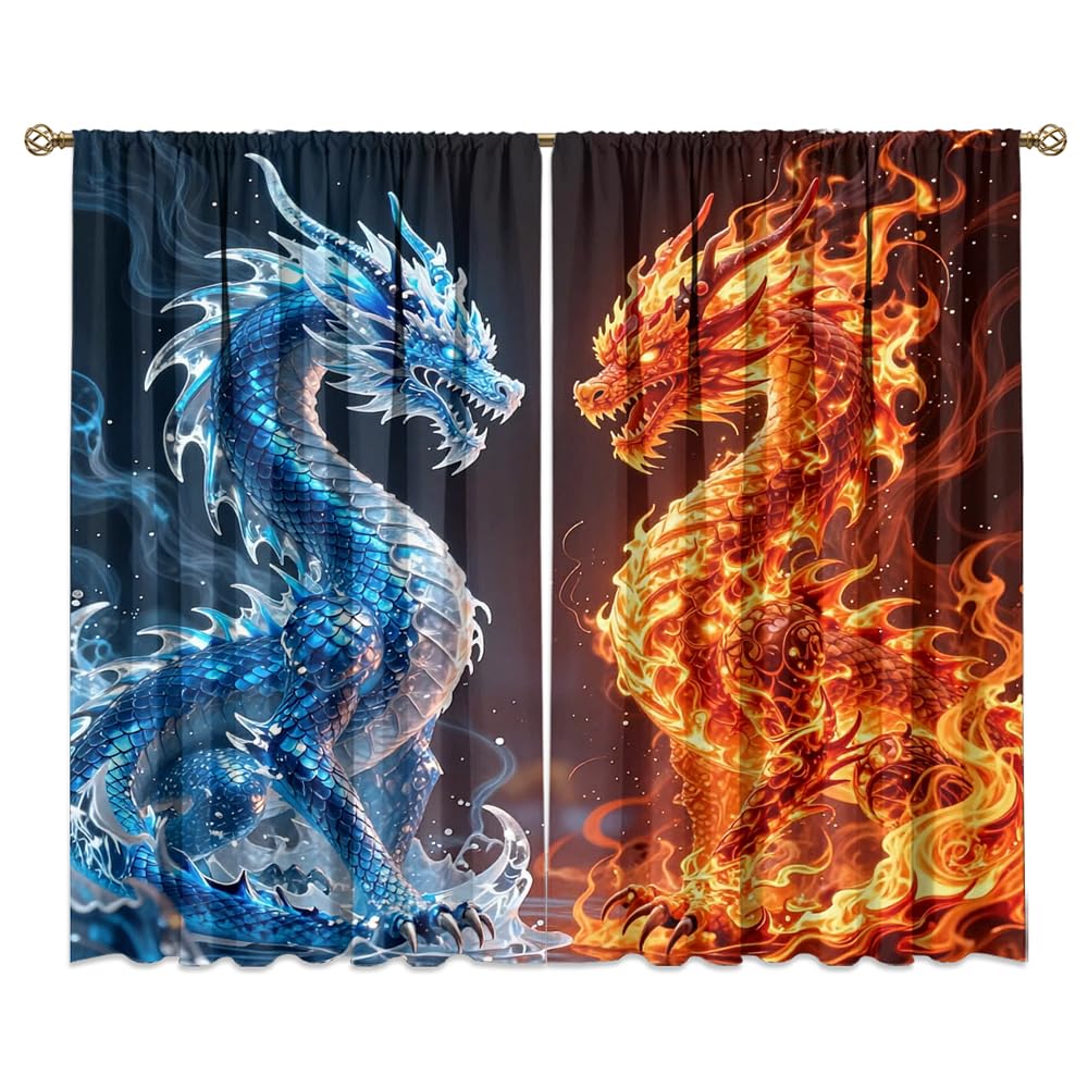 Dreamy Pink Wildlife Dragon Curtains-Fantasy Medieval Castle Rod Pocket Back Tab Window Drapes,Mythological Dragon Floral Roses Thermal Insulated Blackout Curtain,2pcs,Each 52“W x 96”L