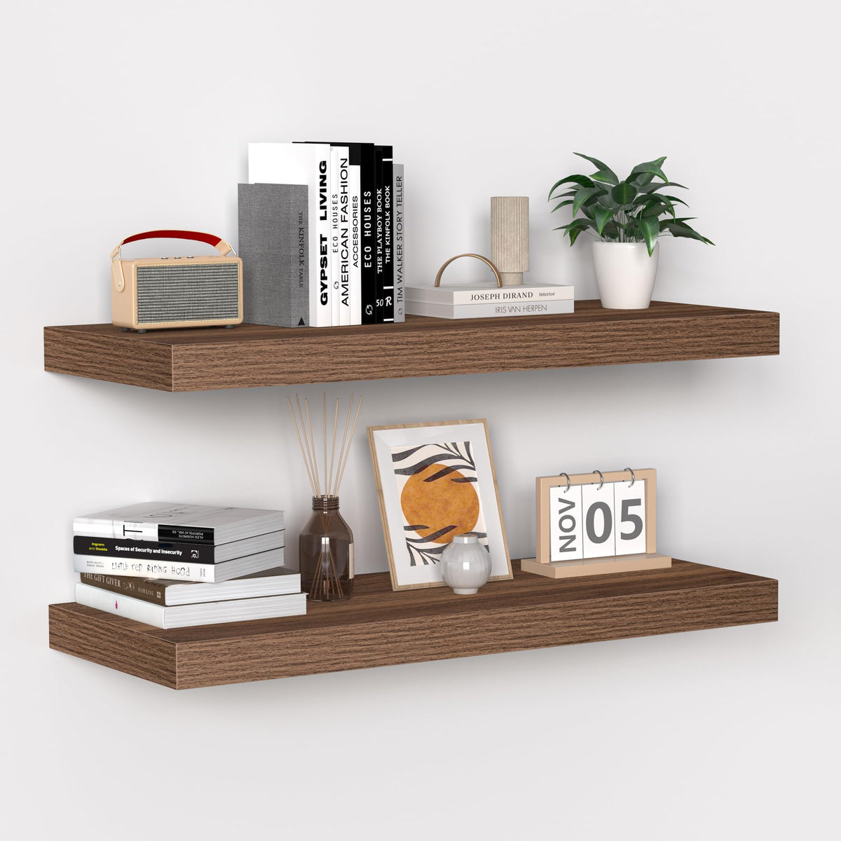 Fun Memories Floating Shelves - 2 Pack 12 Inch Rustic Wooden Wall Shelves - Extra Deeper & Thicker Wall Mounted Storage Shelf for Living Room, Kitchen, Farmhouse - 36" W x 12" D x 1.8" H - Brown