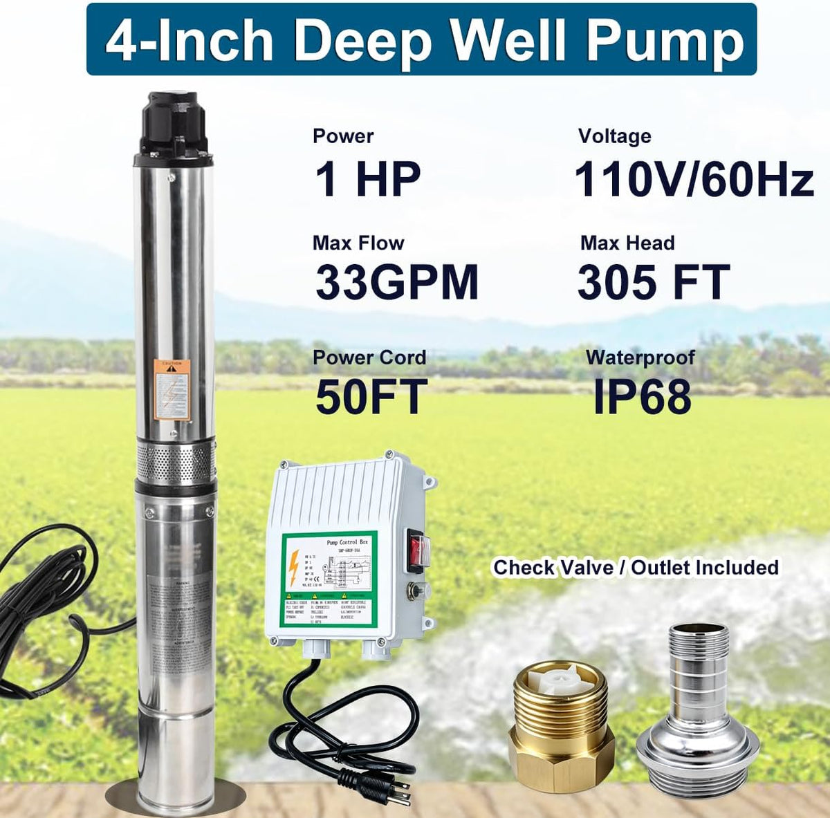 Deep Well Submersible Pump, 1HP 110V Well Pump with Control Box & 50FT Power Cord,33GPM 305FT Max Head
