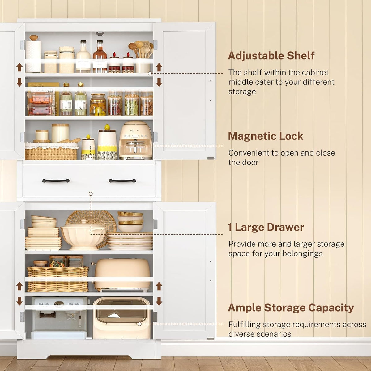 TEENFON Storage Cabinet, Pantry Cabinet with 2 Adjustable Shelves & Large Drawer, Kitchen Pantry Cabinet with 4 Doors, Bathroom Storage Cabinets, for Living Room, White
