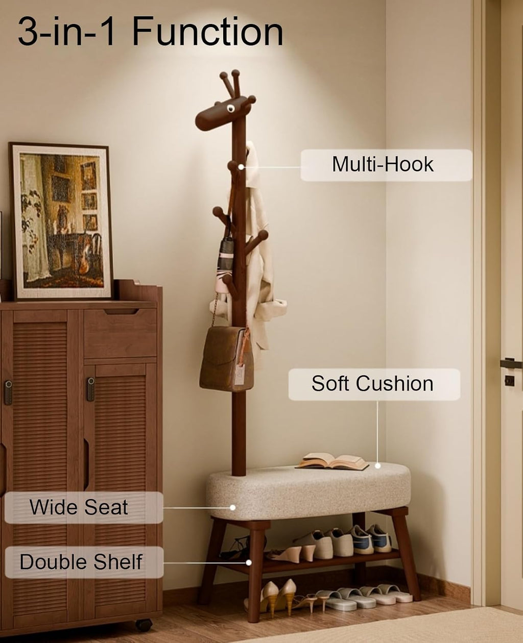Solid Wood Shoe Bench & Coat Rack 2-in-1 - Removable for Entryway/Living Room (Walnut,23.6" L*14.1" W*68.5" H)