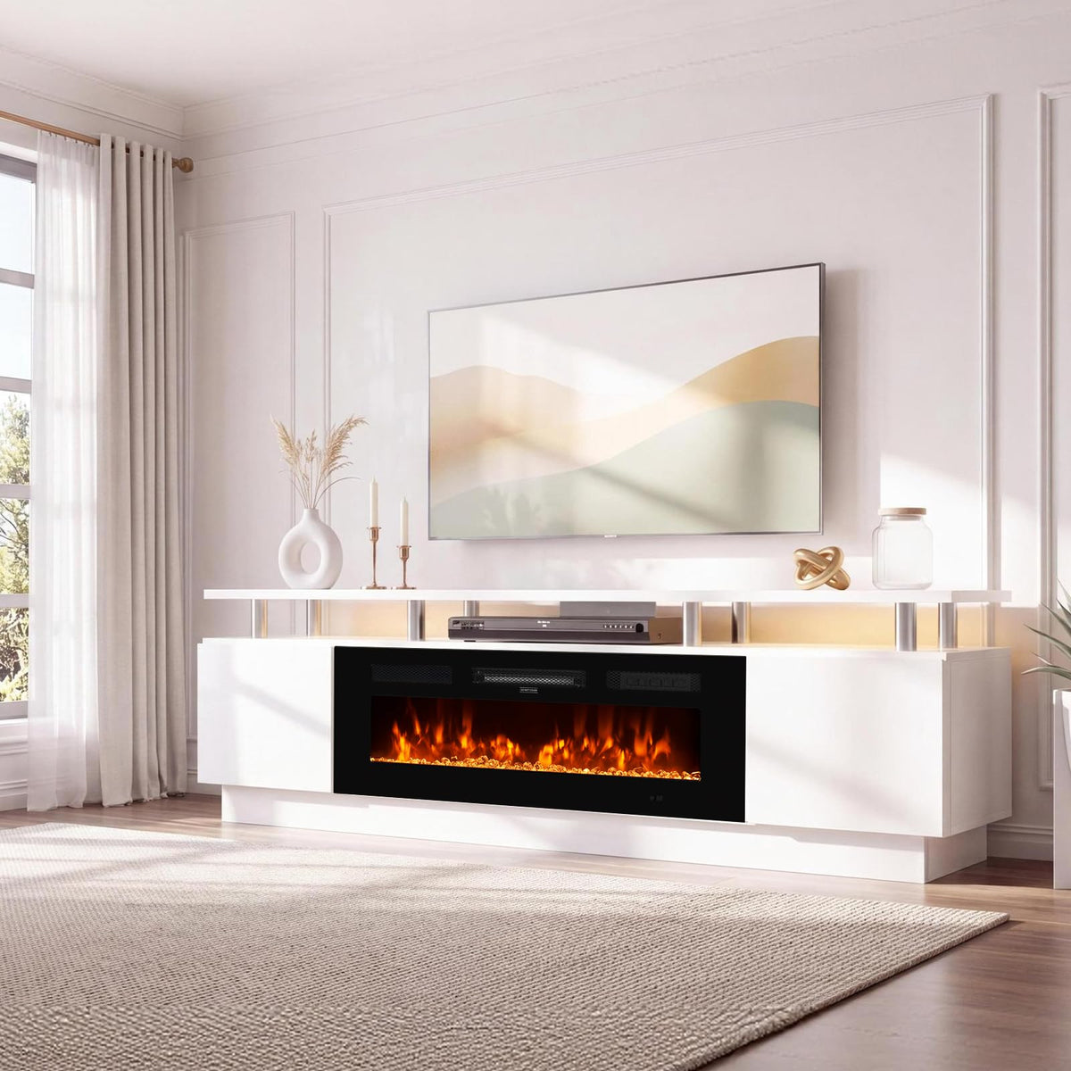 70" TV Stand for Living Room, Modern Entertainment Center & Media Console, Fits TVs up to 80", Storage Cabinet with Shelves, 36" Electric Fireplace with LED Flame (All Black)
