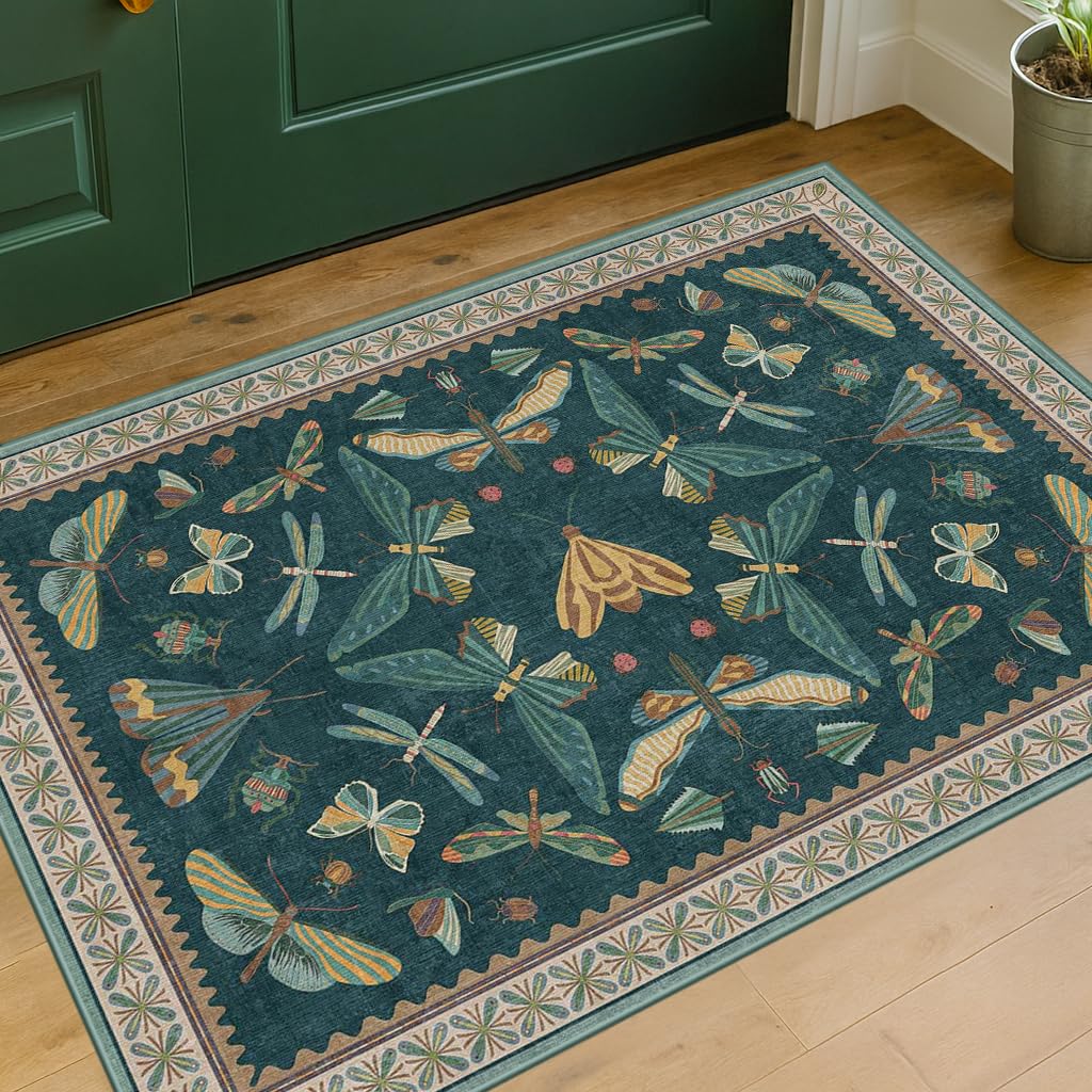 Hazo Haus Dark Green Insect Area Rugs 8x10 for Living Room, Dining Room Under Table, Bedroom, Unique Washable Floral Non Slip Low Pile Soft Rug