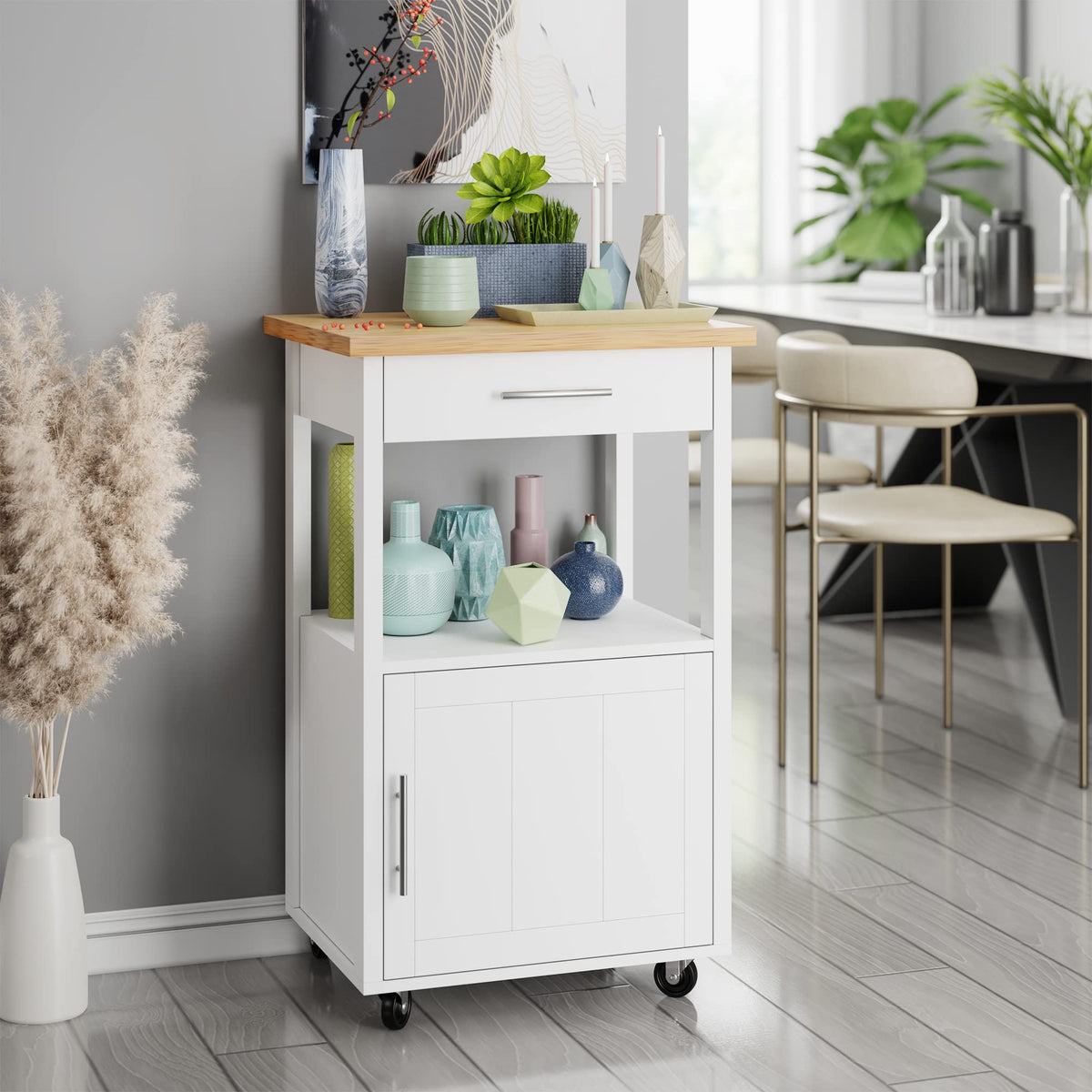 JY QAQA 26" Rolling Kitchen Island Cart on Wheels, Mobile Storage Cabinet with Adjustable Inner Shelves, Kitchen Prep Cart with Towel Rack & Lockable Casters for Small Apartment Kitchen, White
