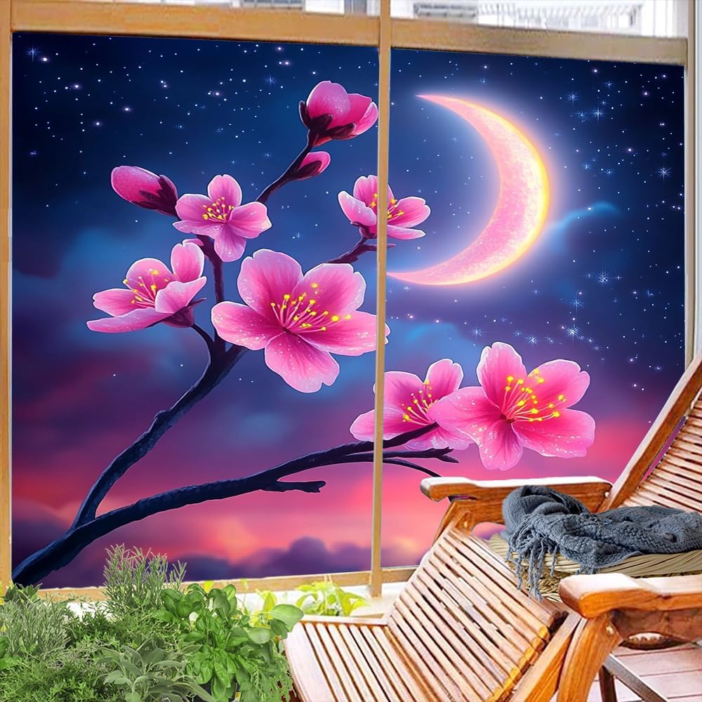 Moonlight Cherry Blossoms Privacy Window Film 31.5Wx55.1L inch x 2pcs