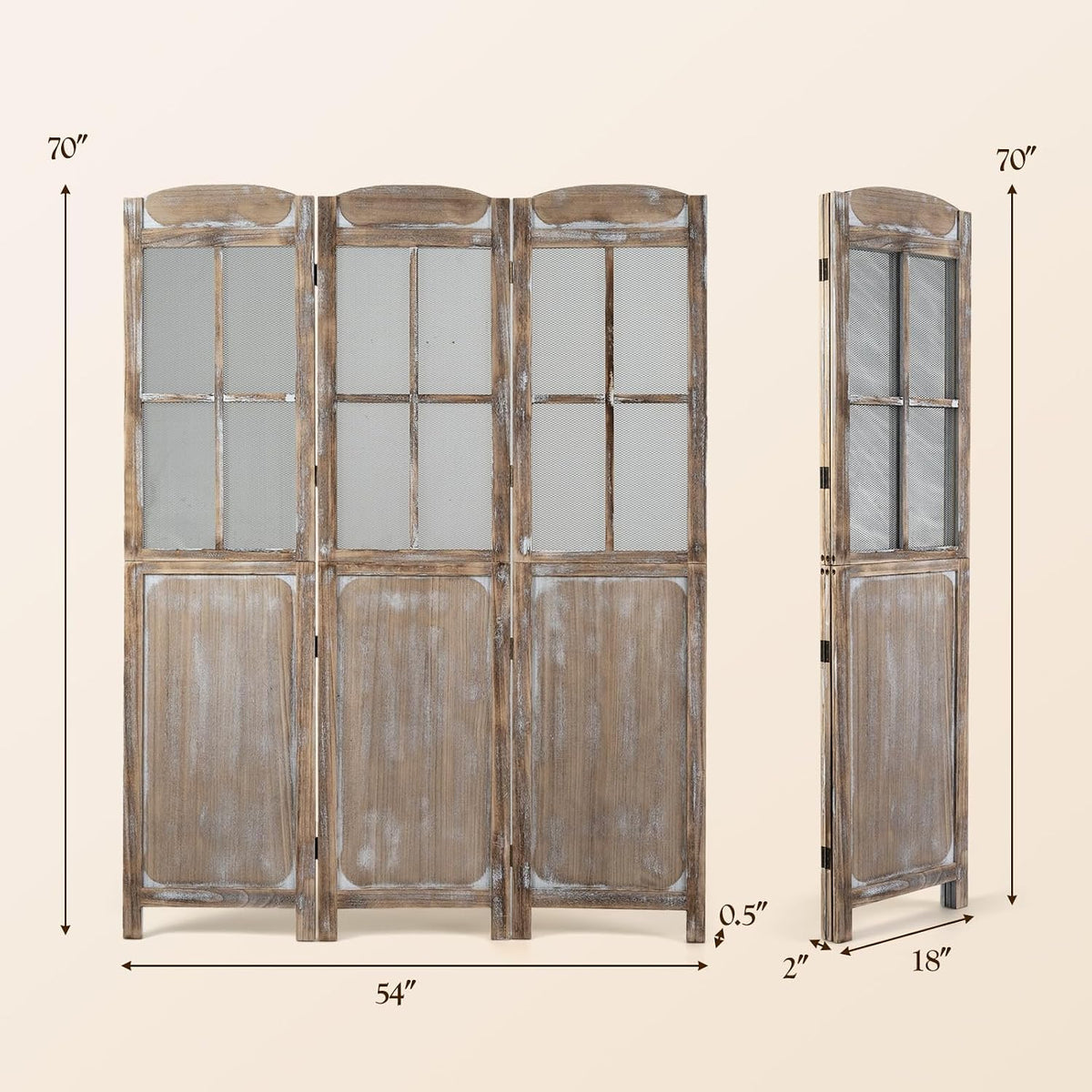 GIANTEX 3 Panel Folding Room Divider with Mesh Window, Distressed Brown