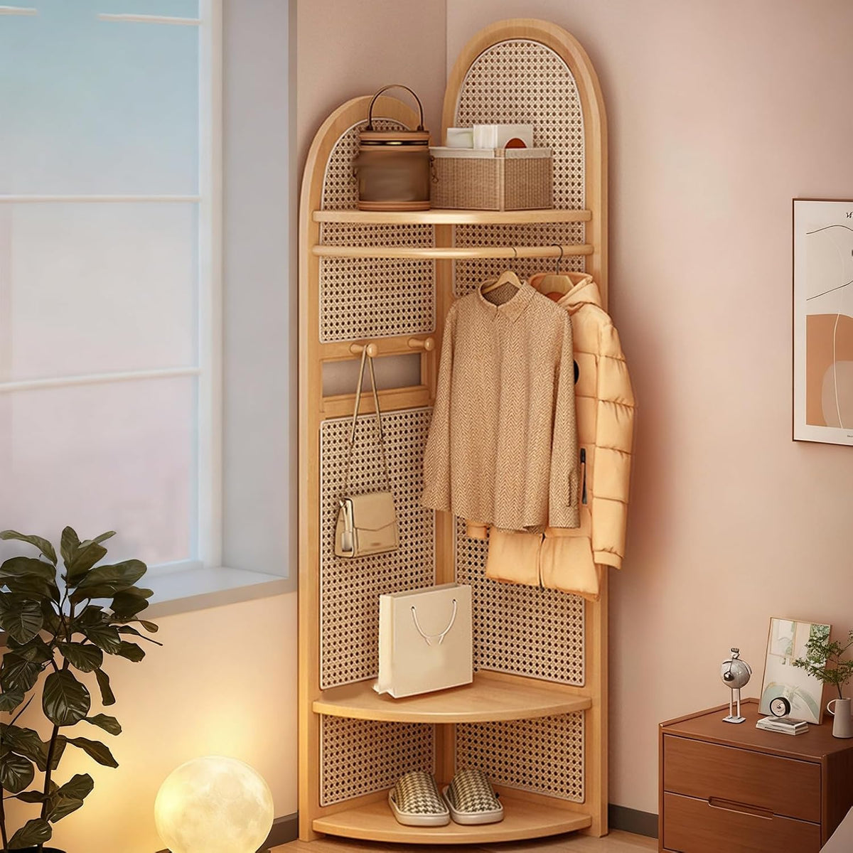Wooden Corner Clothes Rack, 3-Tier Rattan Corner Hall Tree with Bench and Shoe Storage, Entryway Coat Rack with 4 Hooks, for Entryway or Bedroom(Yellow)
