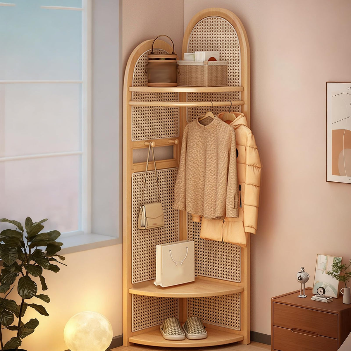 Wooden Corner Clothes Rack, 3-Tier Rattan Corner Hall Tree with Bench and Shoe Storage, Entryway Coat Rack with 4 Hooks, for Entryway or Bedroom(Black)